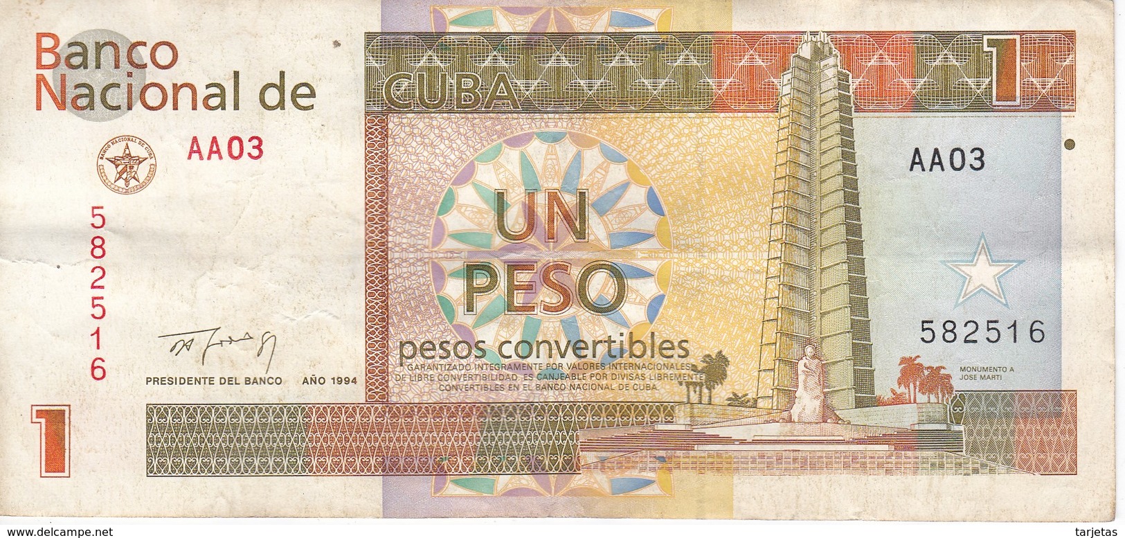 BILLETE DE CUBA DE 1 PESO CONVERTIBLE DEL AÑO 1994  (BANKNOTE) - Cuba