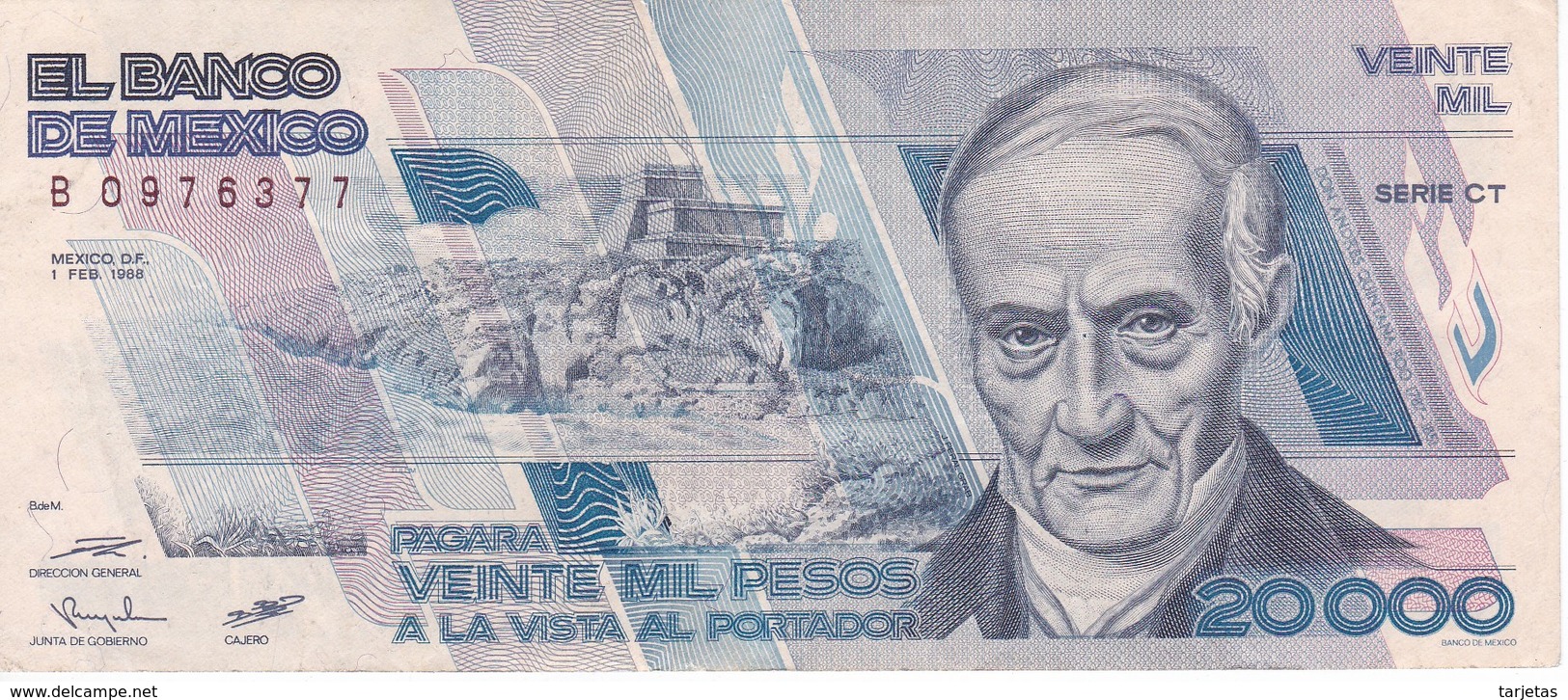 BILLETE DE MEXICO DE 20000 PESOS AÑO 1988 DE ANDRES QUINTANA EN CALIDAD EBC (XF)   (BANKNOTE) - México