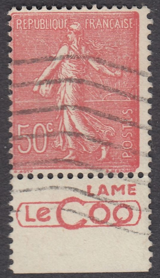 FRANCE Francia Frankreich - 1926 - Yvert 199c Con Banda Pubblicitaria, Obliterato, 50 Cent, Rosso, Semeuse A Righe. - 1903-60 Semeuse A Righe