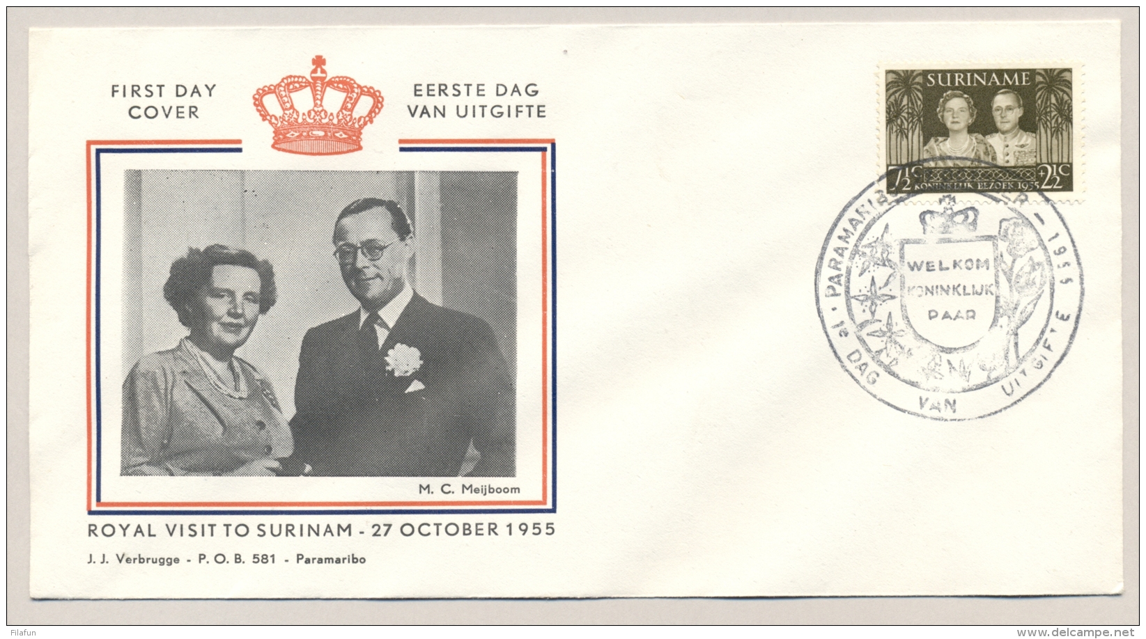 Suriname - 1955 - Koninklijk Bezoek / Royal Visit Op FDC - No Address - Suriname ... - 1975