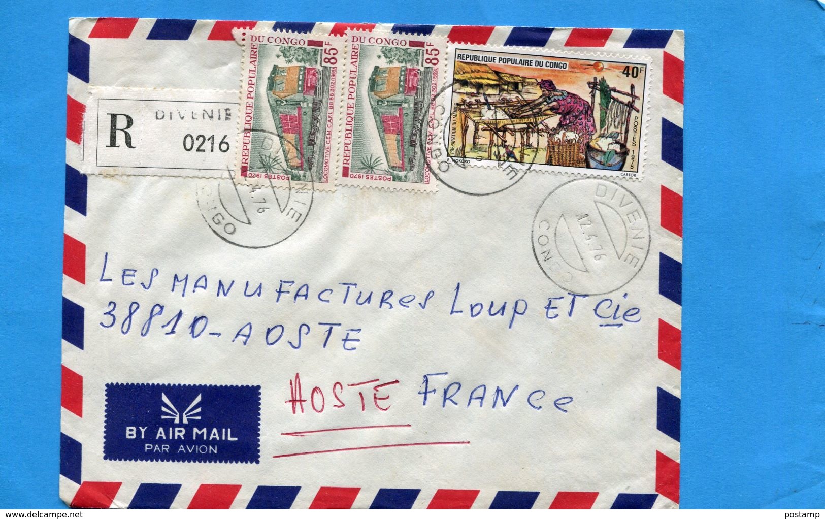 MARCOPHILIE-Lettre-REC-CONGO ->Françe-cad-1976-Divenie-3-stamps N° 282 Locomotive C E MC AFL +389 Pilage Du Manioc - Altri & Non Classificati