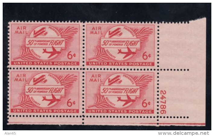 Sc#C47 6c 1953 Air Mail 50th Anniversary Powered Flight Issue Plate # Block Of 4 US Stamps - Numéros De Planches