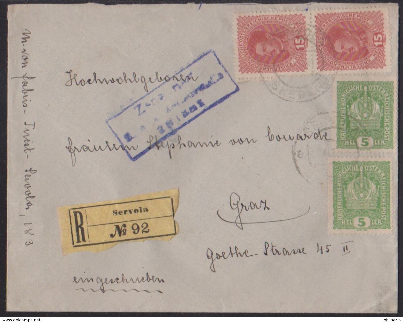 Škedenj - Servola, Registered Cover, Mailed In November 1917 - Briefe U. Dokumente