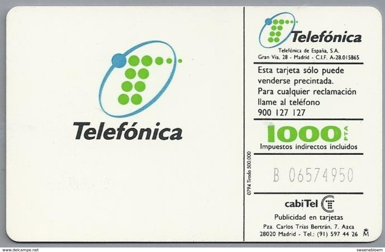 ES.- Telefonica De Espana. CabiTel. Teletarjeta Telefonica. 2 Scans - Basisuitgaven