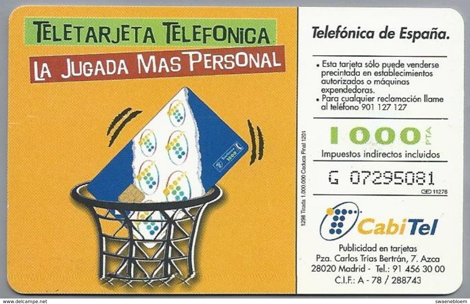 ES.- Telefonica De Espana. CabiTel GIJON BALONCESTO. La Jugada Mas Personal. 2 Scans - Basisuitgaven