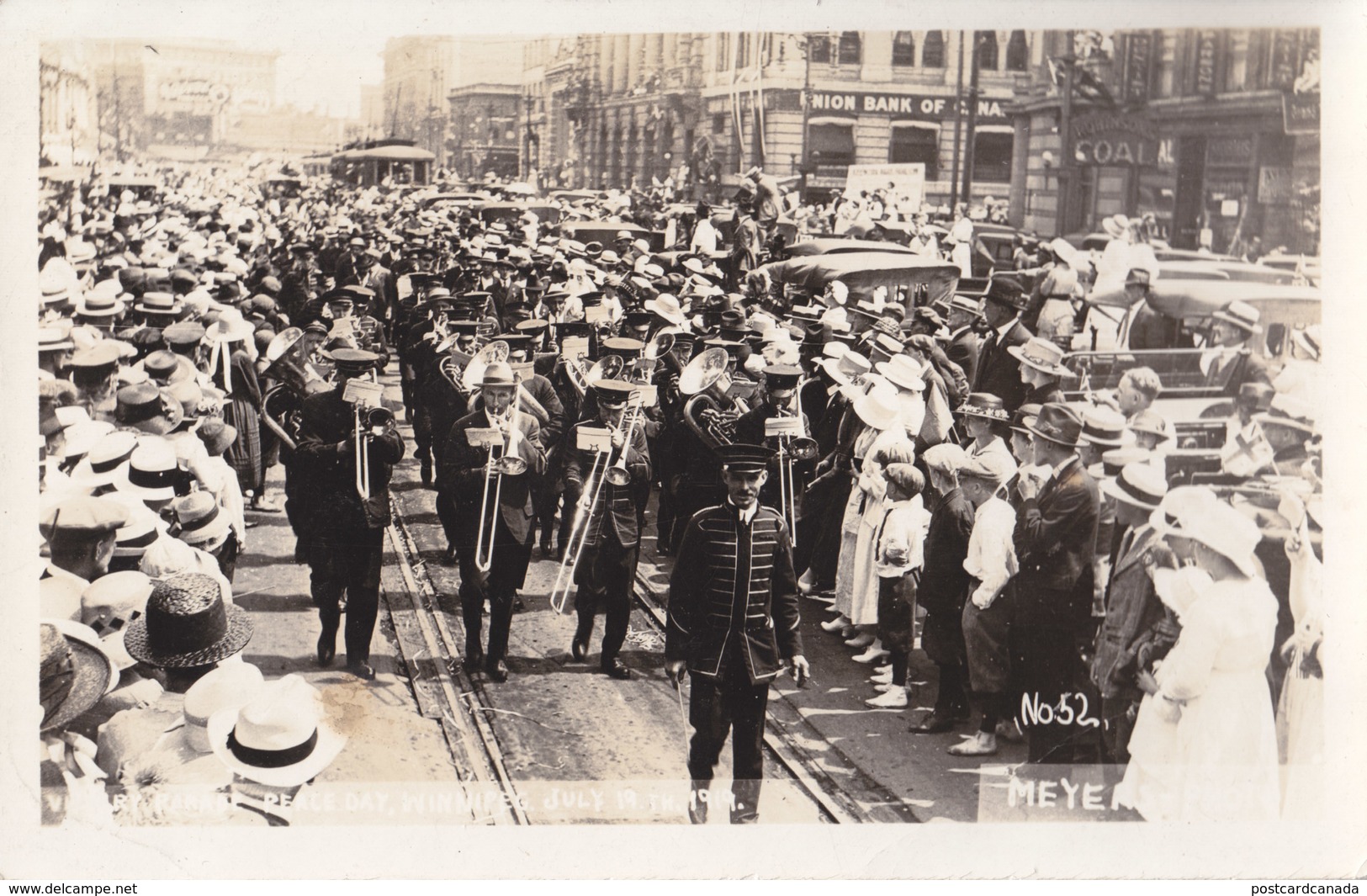 RPPC REAL PHOTO POSTCARD PEACE DAY 1919 WINNIPEG MANITOBA MEYER PHOTO #52 - Winnipeg