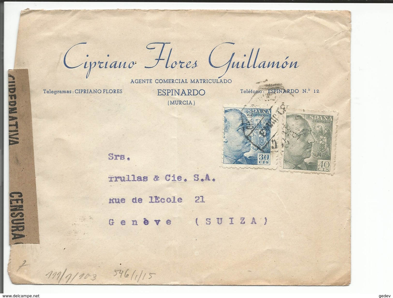 Espagne, Lettre Cipriano Flores Guillamon Murcia - Genève Suisse + Cachet Censura Madrid (1.7.1942) - Covers & Documents