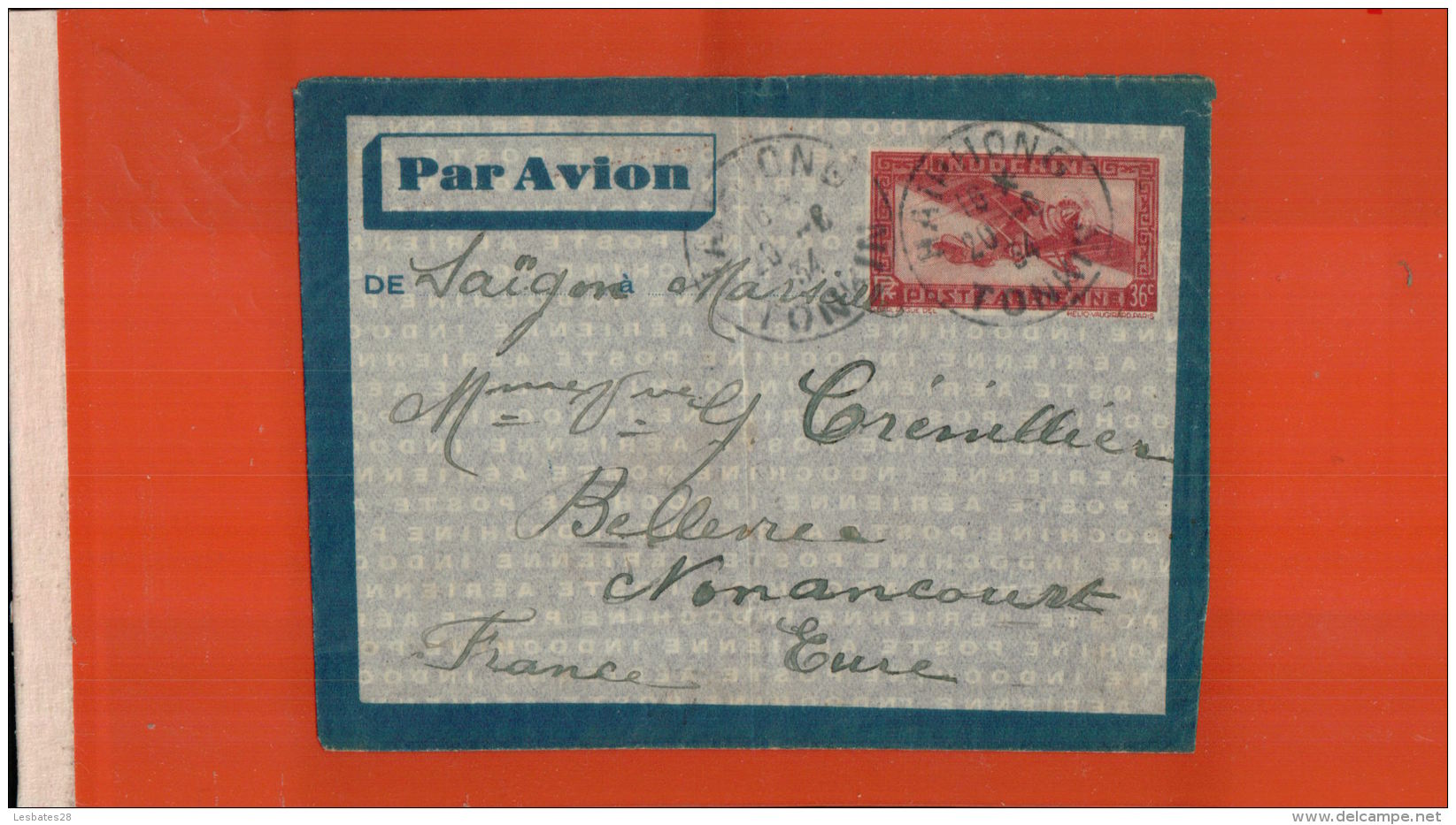 LETTRE  TIMBRE ENTIER POSTE AERIENNE  36c  INDOCHINE    CACHET TONKIN  SAIPHONG 1934  (NONANCOURT FRANCE) DEC 2017 74 - Poste Aérienne