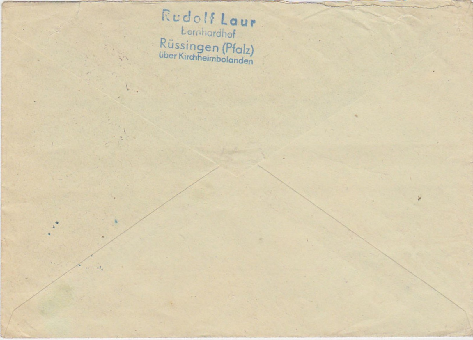 GERMANY 1951 (1.12.) COVER SUB-P.O. "Rüssingen" KIRCHHEIMBOLADEN MIXED FRANKING (resent) - Other & Unclassified