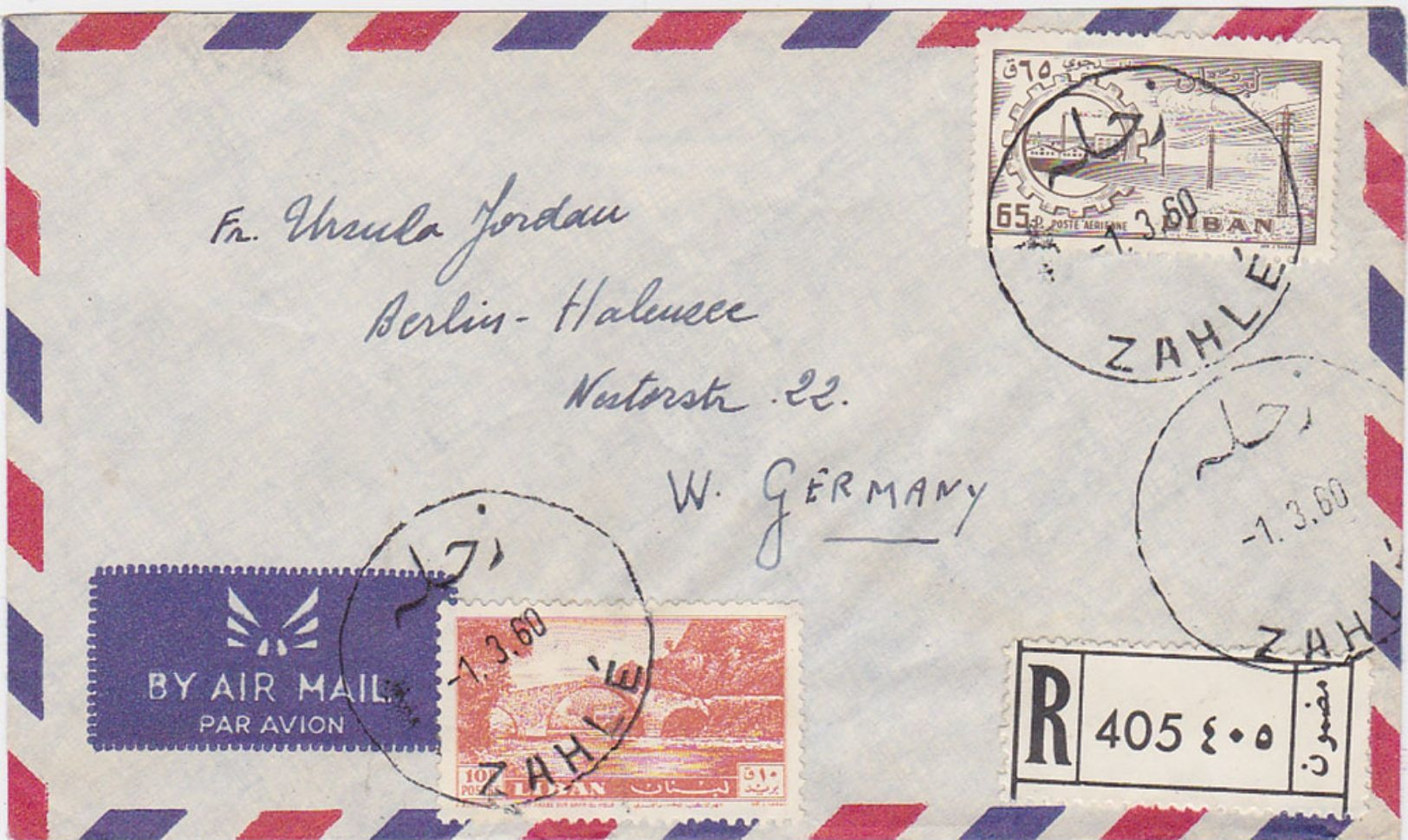 FRANCE LEBANON 1960 (1.3.) REG.AIRMAIL COVER POSTMARK "Zahle" TO GERMANY - Autres & Non Classés