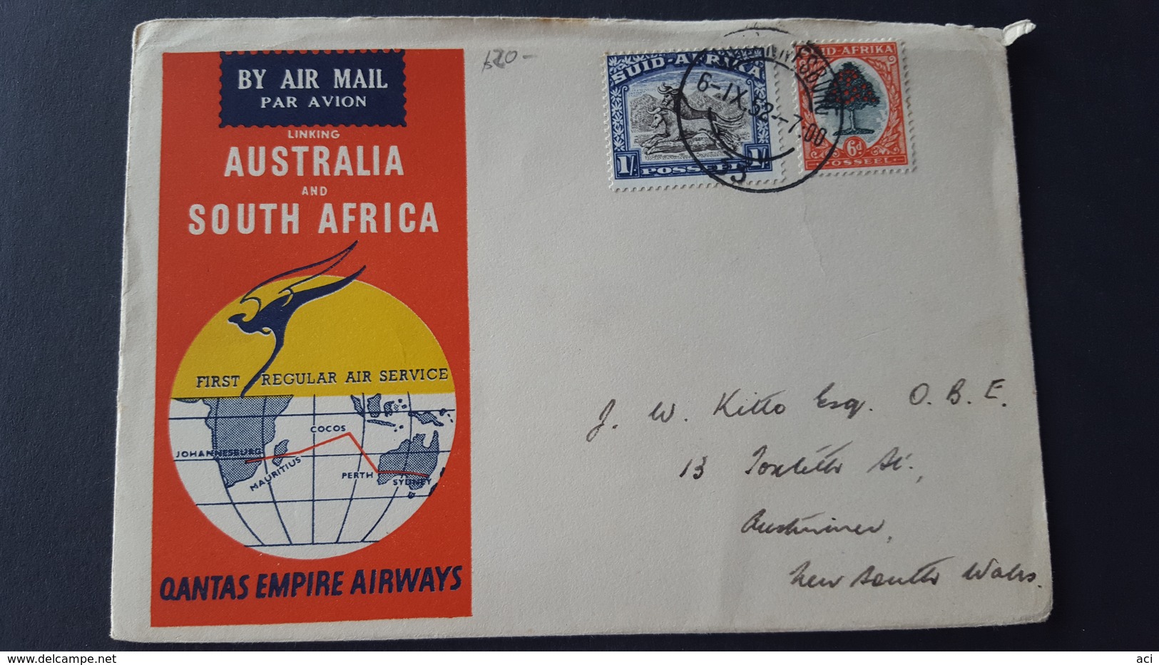 Australia 1952 Qantas First Flight  Australia And South Africa,Johannesburg To Sydney  Souvenir Cover - First Flight Covers