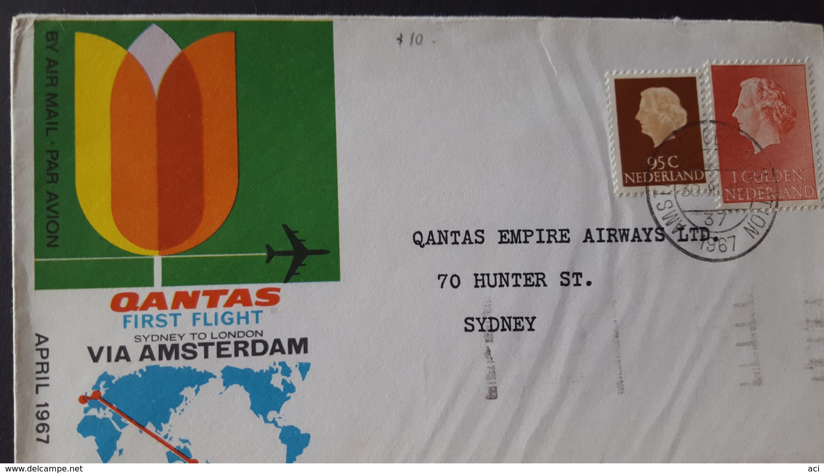 Australia 1967 Qantas First Flight  Sydney London Via Amsterdam Souvenir Cover - Premiers Vols