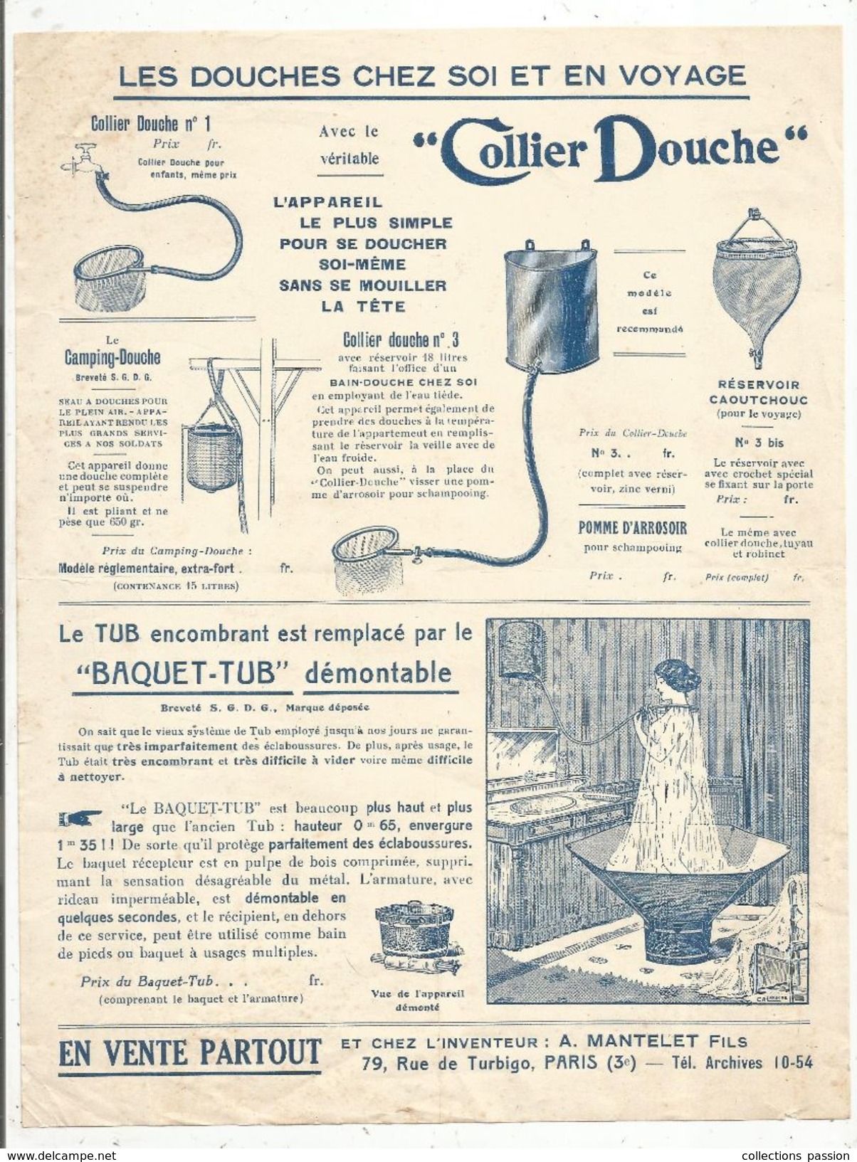 Publicité , Douches Et Baquet-tubs , A. MANTELET FILS , Paris , 79 Rue Turbigo , Frais Fr 1.45e - Publicités