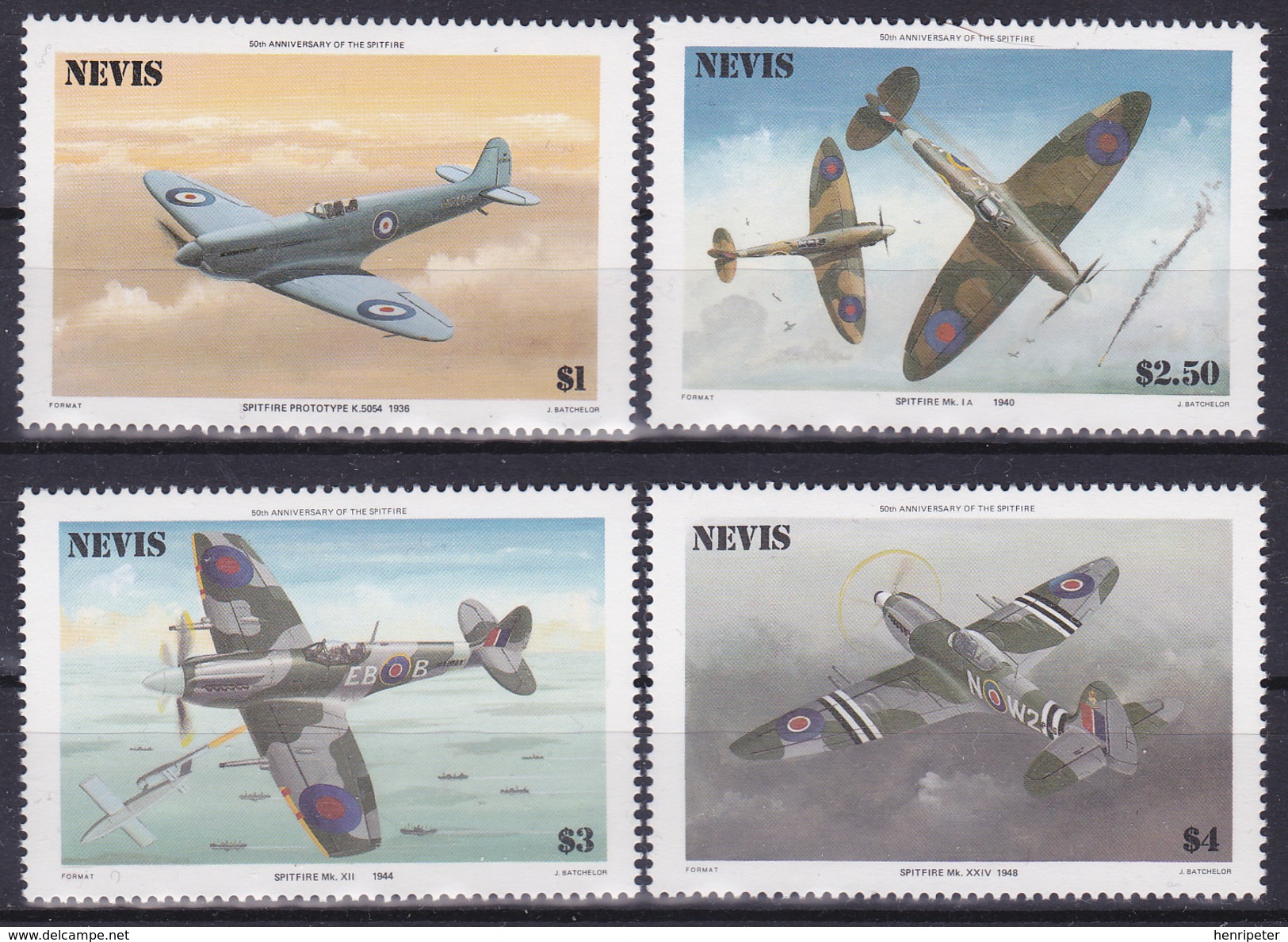 Série De 4 Timbres-poste Neufs** Aviation 50ème Anniversaire Du Spitfire - N° 361/4(Yvert) - St Christophe Et Nevis 1986 - St.Kitts-et-Nevis ( 1983-...)