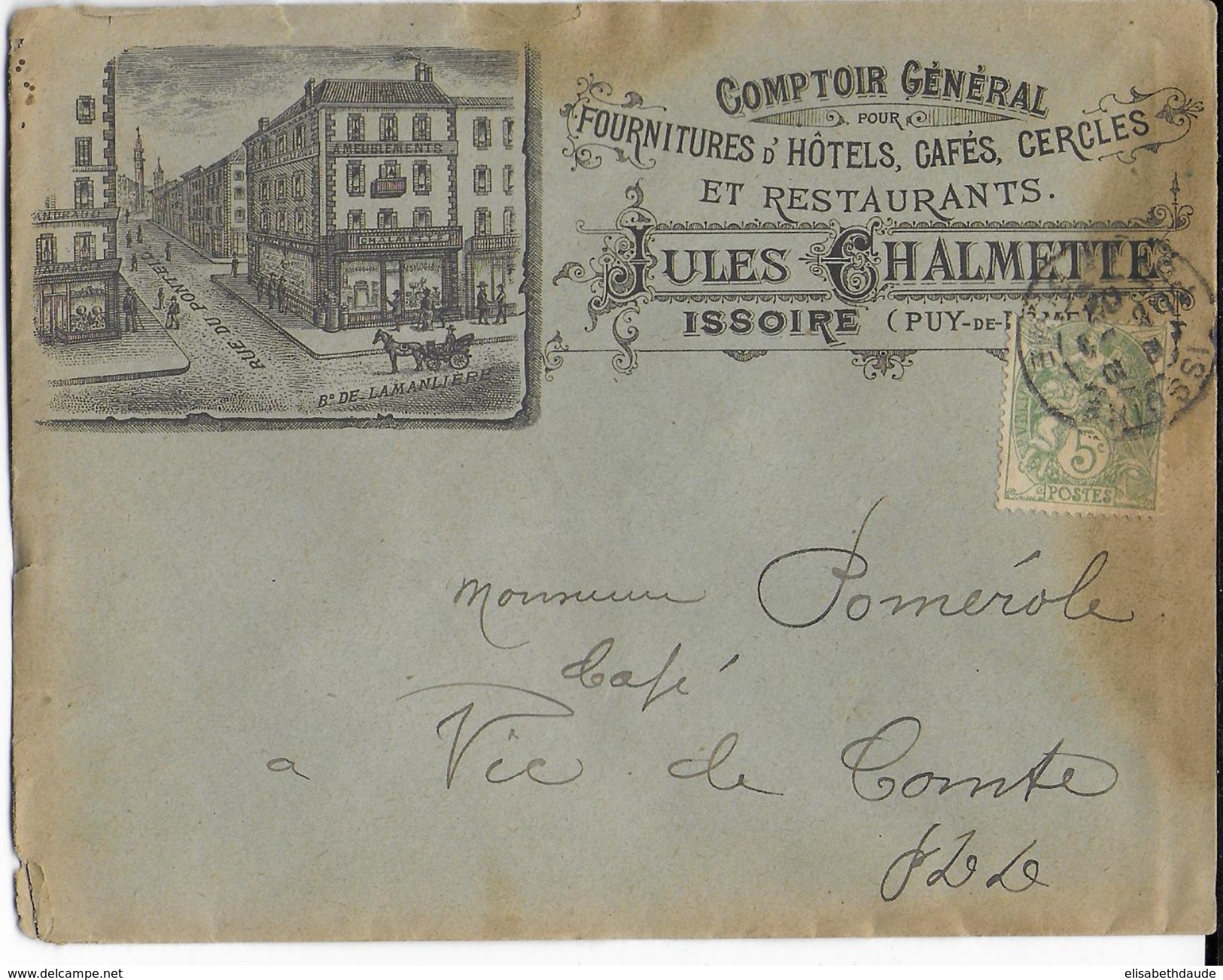 1902 - ENVELOPPE PUBLICITAIRE DECOREE (FOURNITURES D'HOTELS, CAFES...) De ISSOIRE (PUY DE DOME) - 1877-1920: Période Semi Moderne