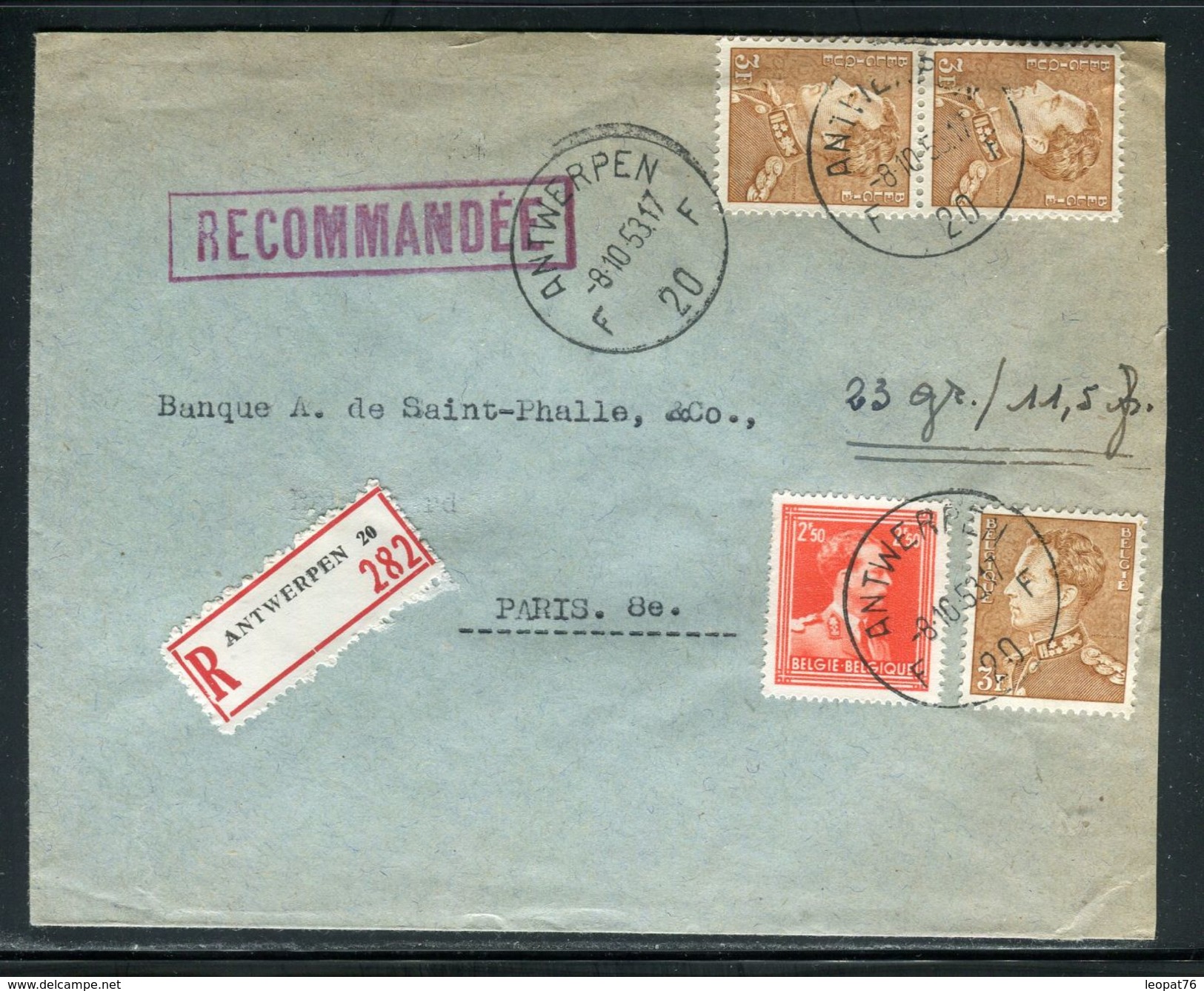 Belgique - Enveloppe En Recommandé De Anvers Pour ¨Paris En 1953 - Ref D209 - Brieven En Documenten
