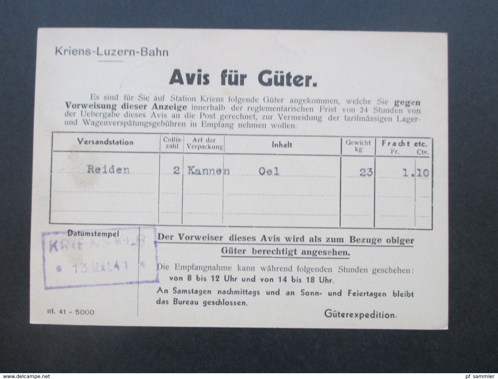 Schweiz 1939 / 41 PK Kriens - Luzern - Bahn. Eisenfass Oel / 2 Kannen Oel. Avis Für Güter 2 Stück!! - Briefe U. Dokumente