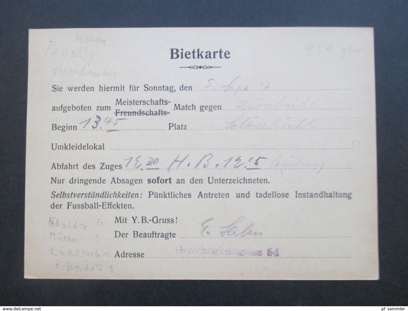 Schweiz 1936 / 40 BSC Young Boys Bern 6 PK/ Bietkarte An Einen Spieler! Emil Schädeli. Stürmer! Mit Persönlichen Notizen - Briefe U. Dokumente