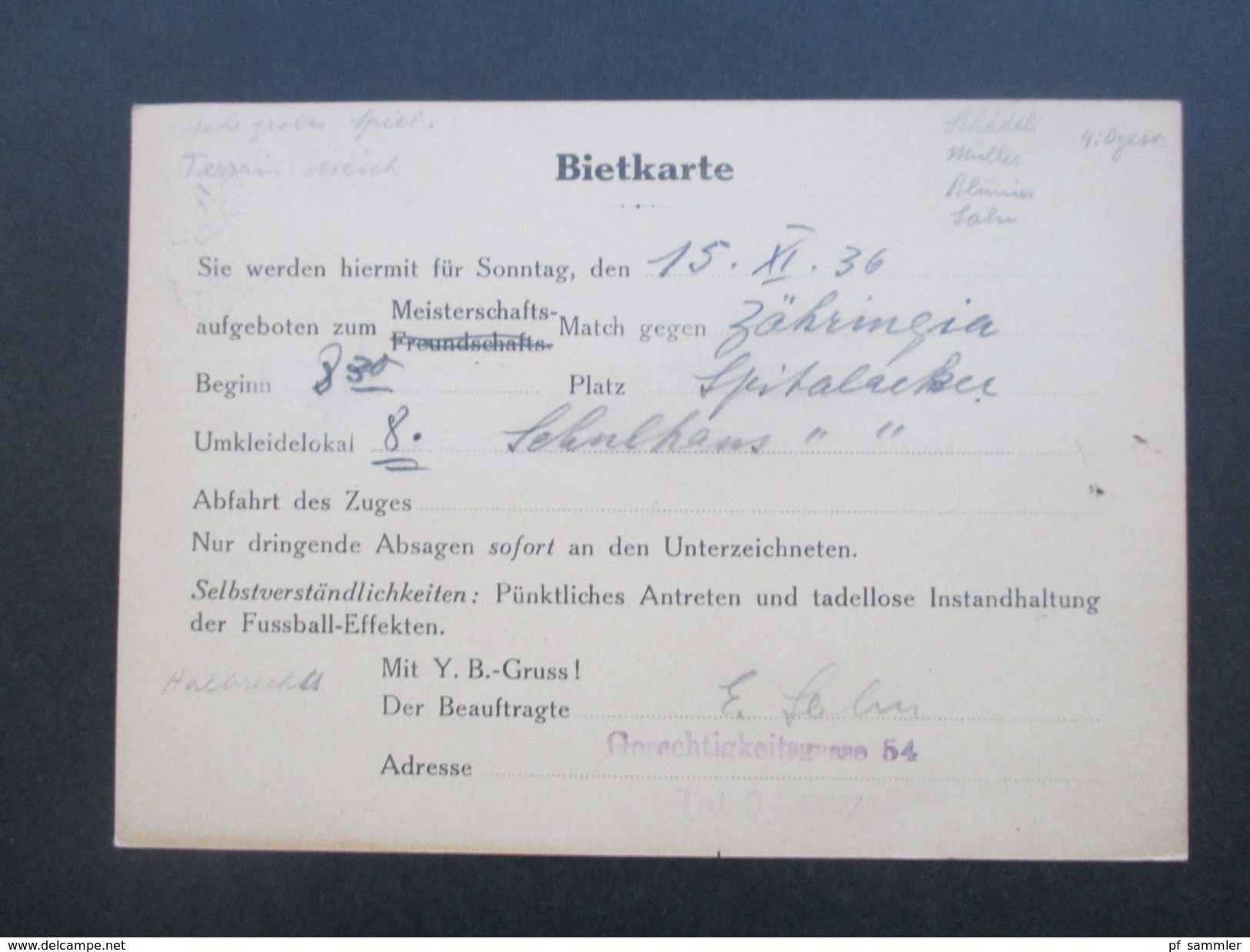 Schweiz 1936 / 40 BSC Young Boys Bern 6 PK/ Bietkarte an einen Spieler! Emil Schädeli. Stürmer! Mit persönlichen Notizen