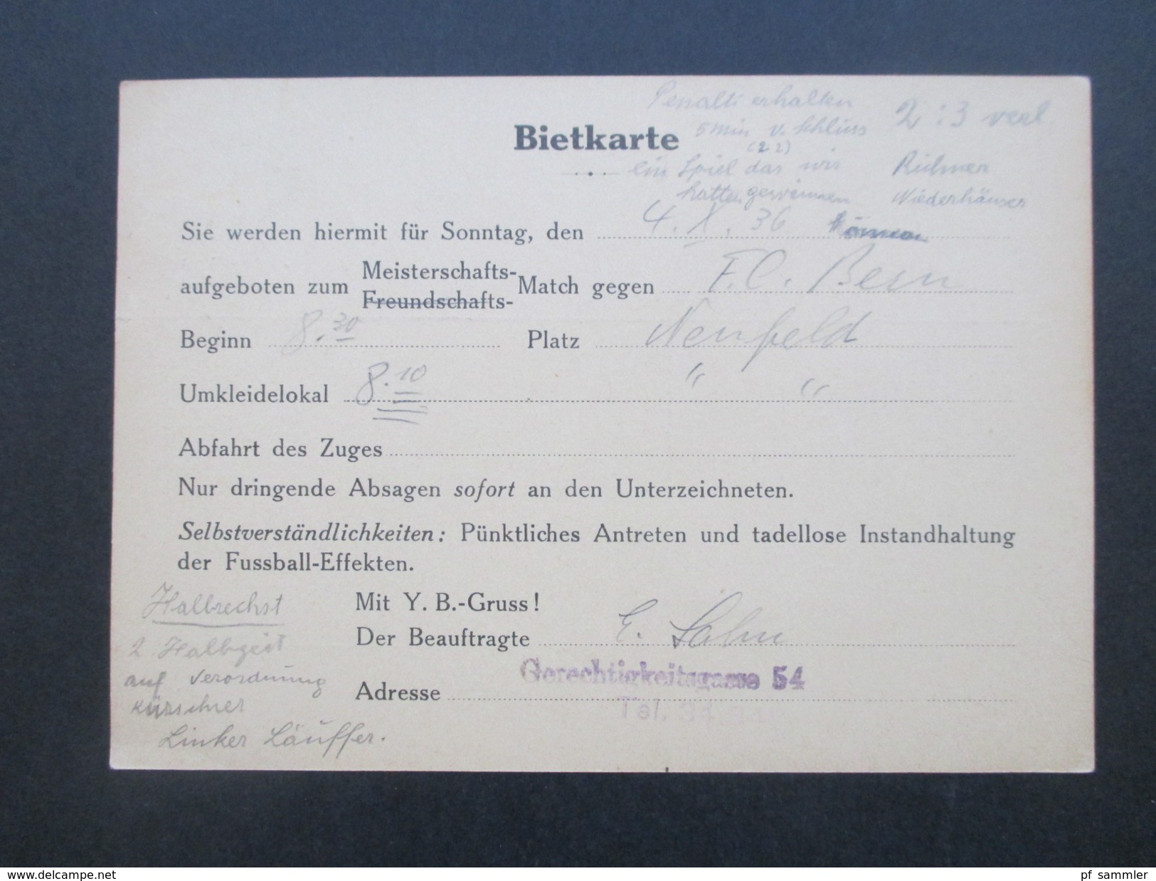 Schweiz 1936 / 40 BSC Young Boys Bern 6 PK/ Bietkarte an einen Spieler! Emil Schädeli. Stürmer! Mit persönlichen Notizen
