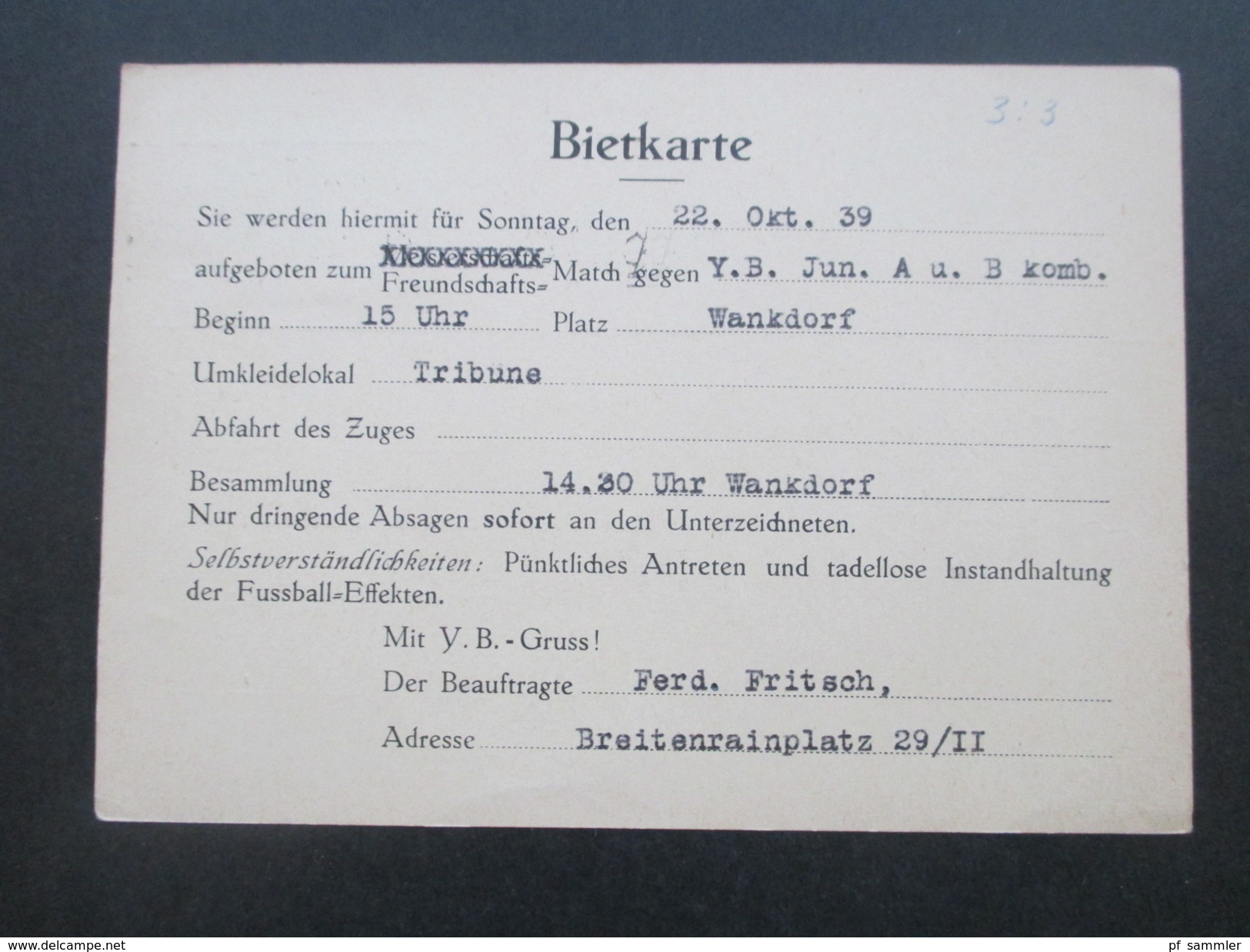 Schweiz 1936 / 40 BSC Young Boys Bern 6 PK/ Bietkarte an einen Spieler! Emil Schädeli. Stürmer! Mit persönlichen Notizen