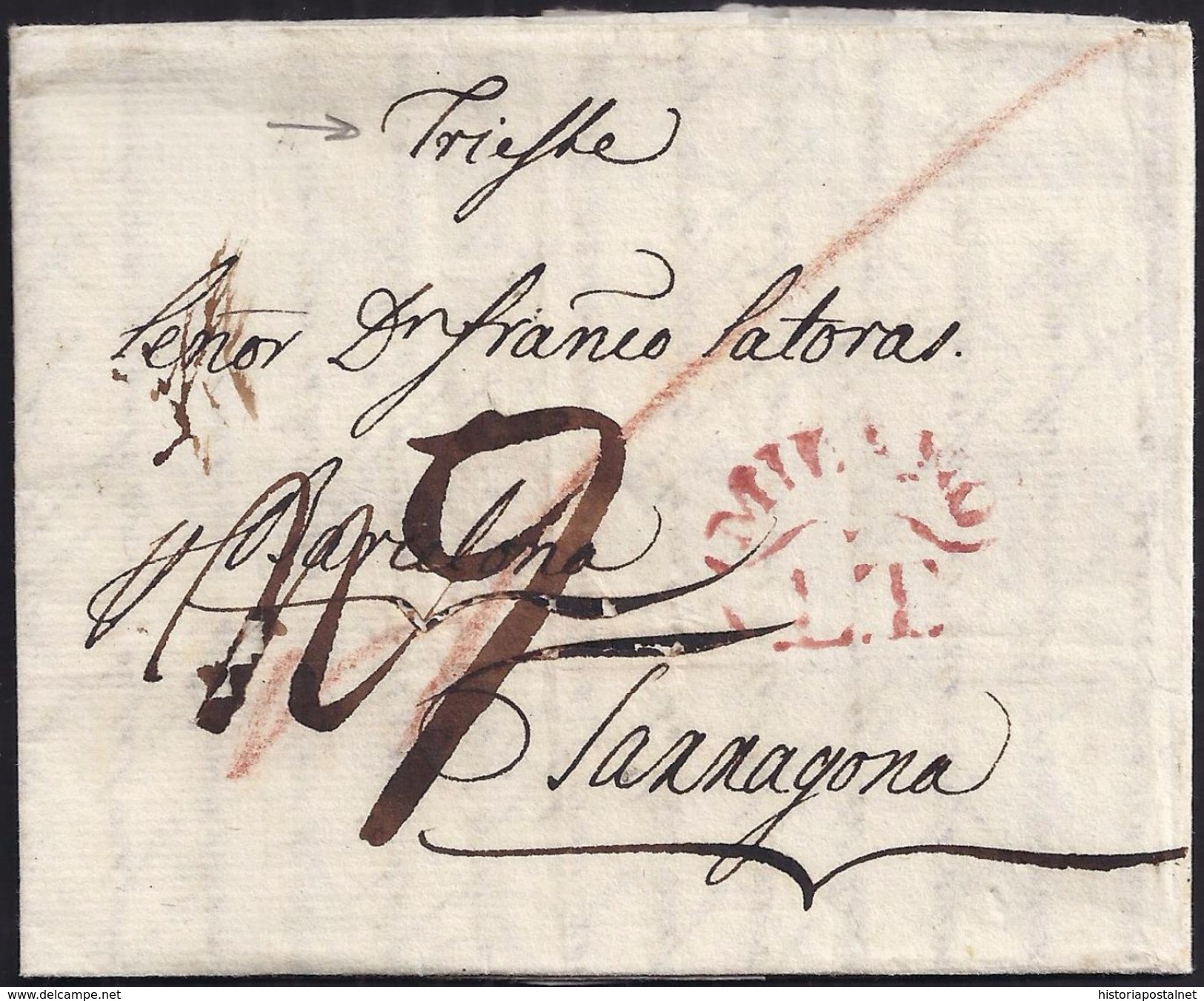 1806. TRIESTE A TARRAGONA. MARQUE POSTALE "TRIESTE", "MILANO/LT". TAXE "9" REALES EN MANUSCRIT. - Ohne Zuordnung