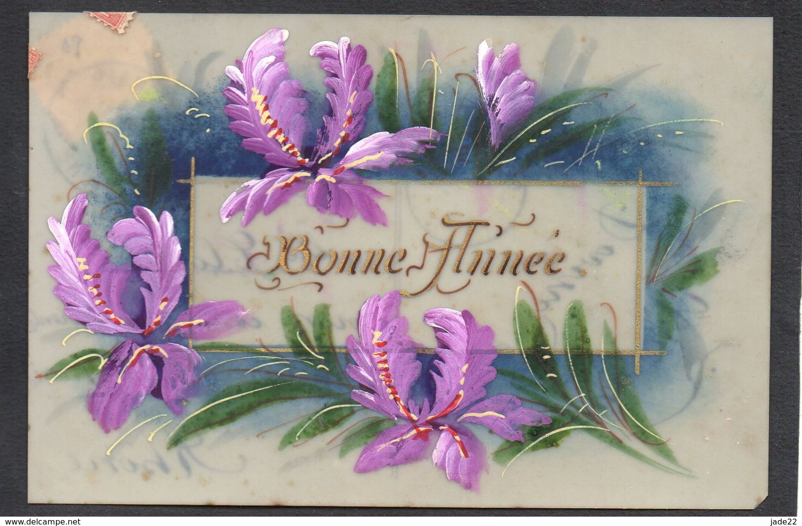 CPA FANTAISIE CELLULOID CELLULOIDE DOREE OR - Art Nouveau Déco - Iris Pourpre - Peinte à La Main - Bonne Année -#558 - Nouvel An