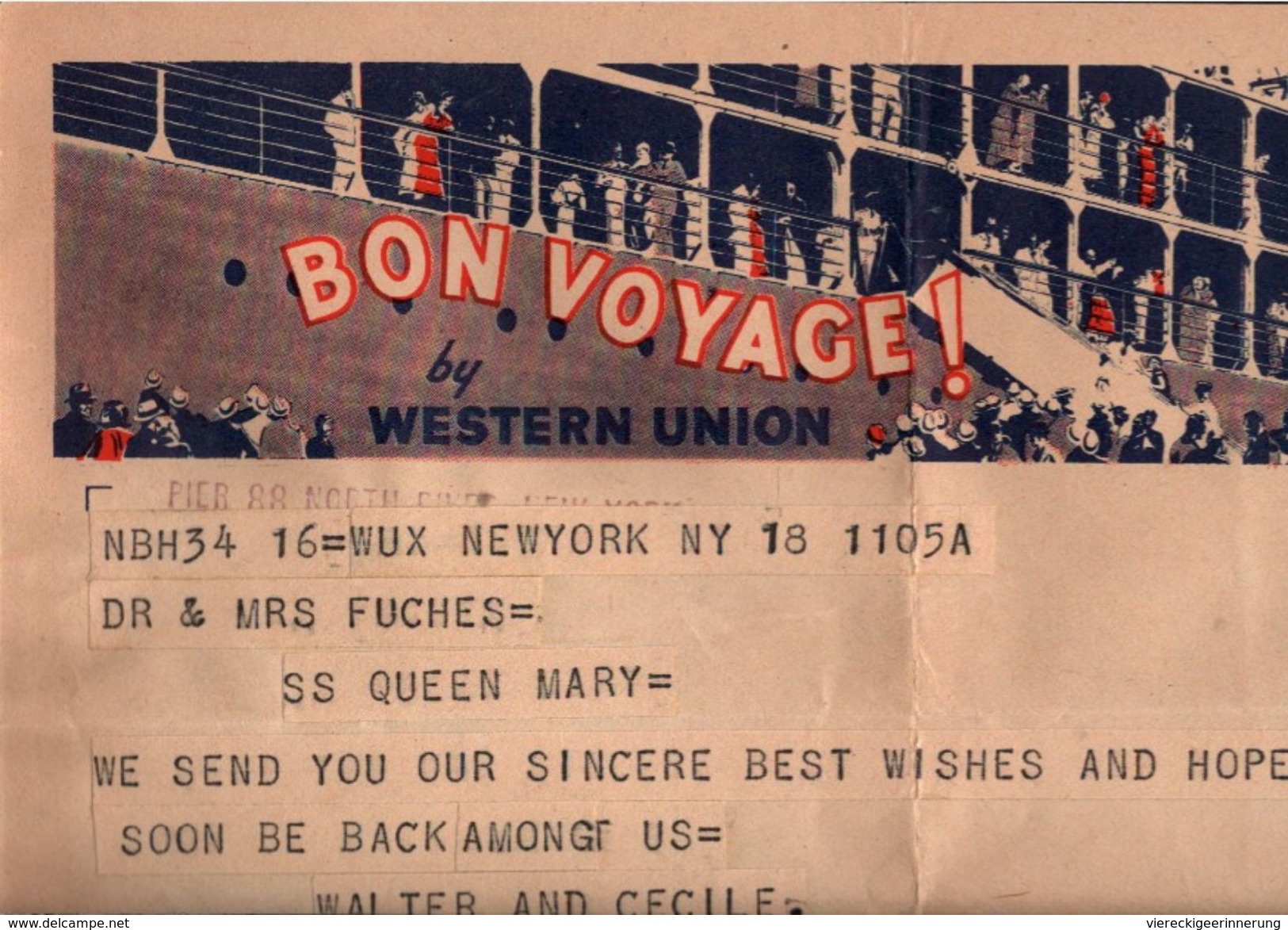 ! New York, Telegramm, Formule Telegraphe Western Union, An Den Schweizer Botschafter Auf Dem Schiff SS Queen Mary, Ship - Schiffe