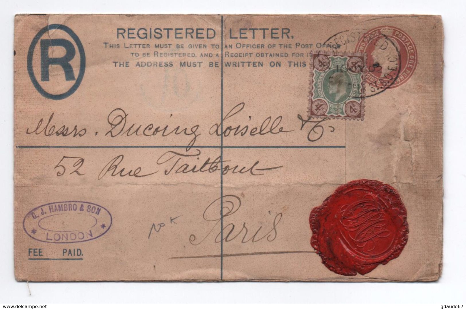 1902 - REGISTERED LETTER De LONDON Pour PARIS - Briefe U. Dokumente