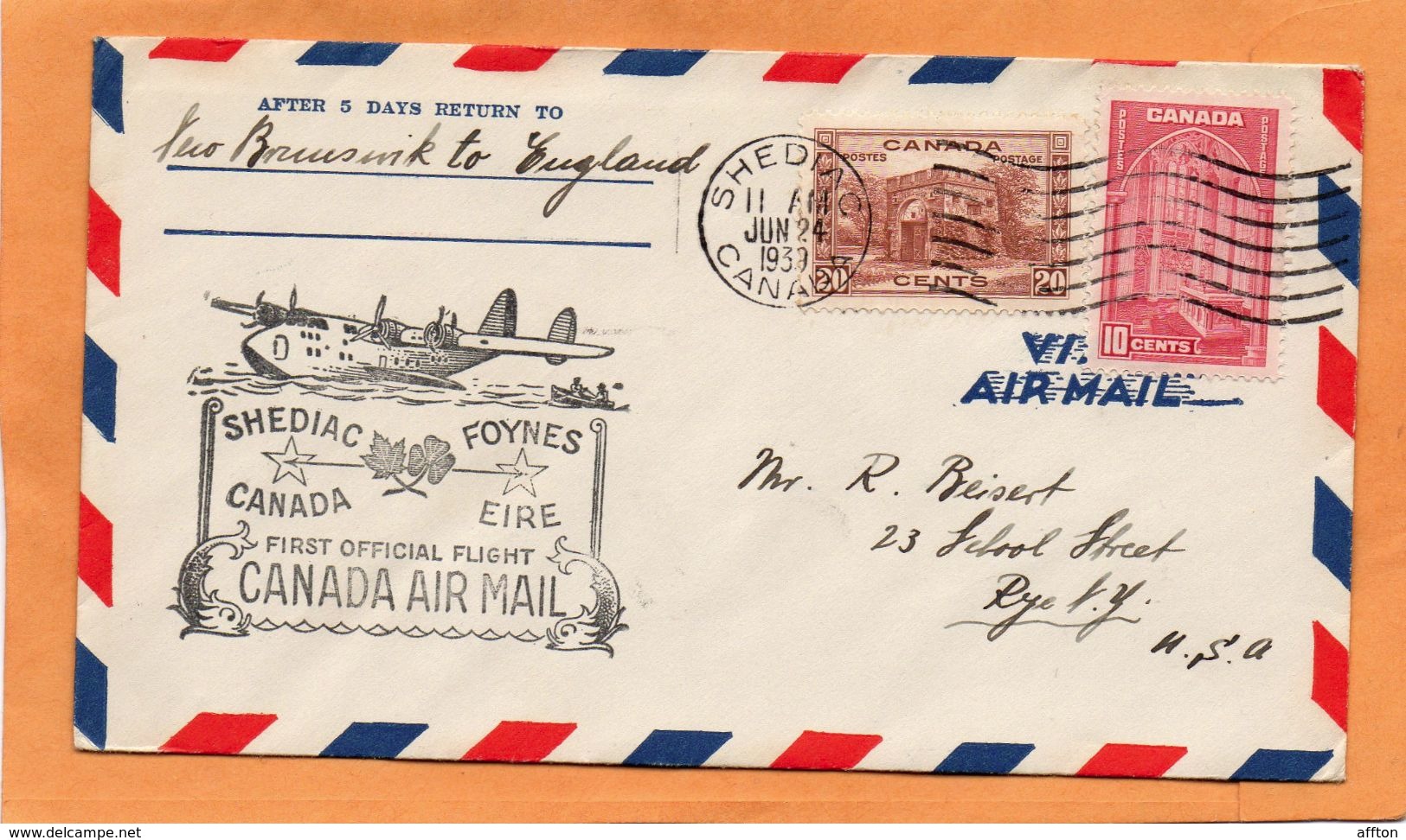 Shediac Canada 1939 Air Mail Cover Mailed - First Flight Covers