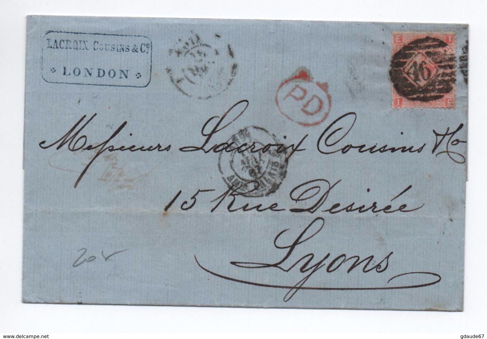 1867 - LETTRE De LONDON Avec N° 32 Pour La FRANCE Avec CACHET NOIR ANGL. AMB CALAIS - Marcophilie