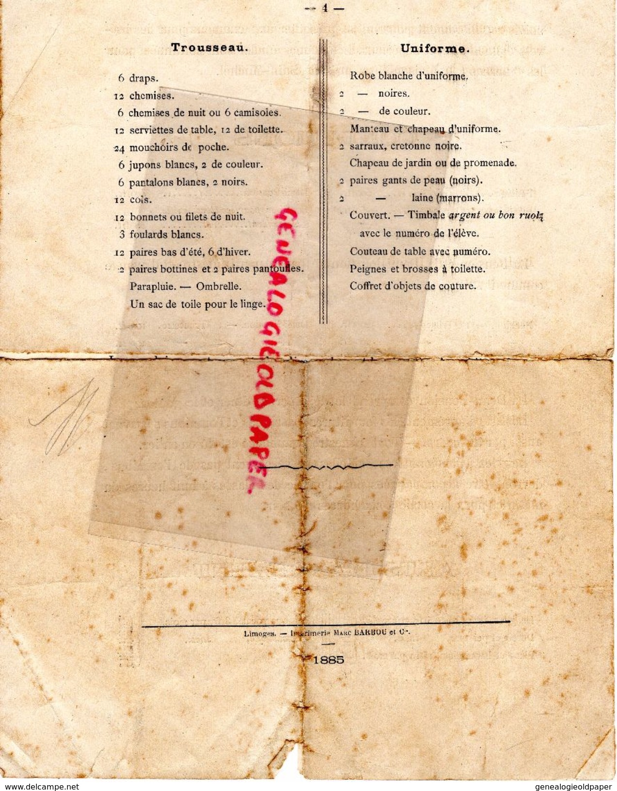 87- LIMOGES- RARE DOCUMENT PENSIONNAT ST SAINT JOSEPH DU SACRE COEUR-LES SOEURS DE LA CROIX-31 ROUTE D' AIXE -1885 ECOLE - Documents Historiques