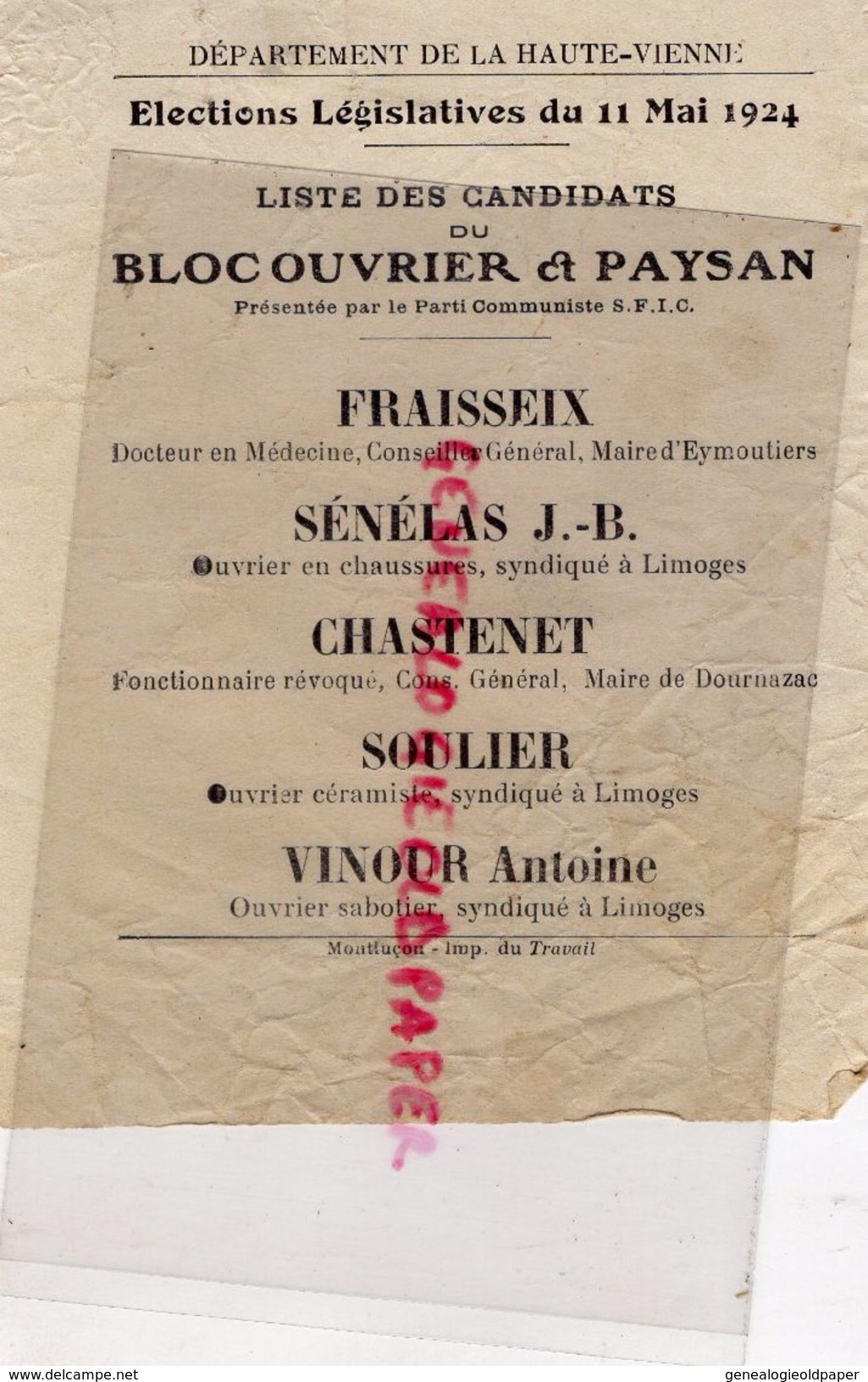 87- EYMOUTIERS-LIMOGES-DOURNAZAC-RARE ELECTIONS LEGISLATIVES 11 MAI 1924-FRAISSEIX-SENELAS J.B-CHASTENET-SOULIER-VINOUR - Documents Historiques