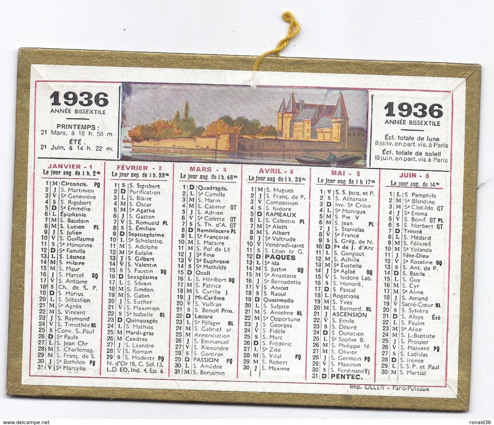 Petit CALENDRIER PTT ALMANACH 1936 / Illustration BEUZON Chateau Port Bateaux - Small : 1921-40