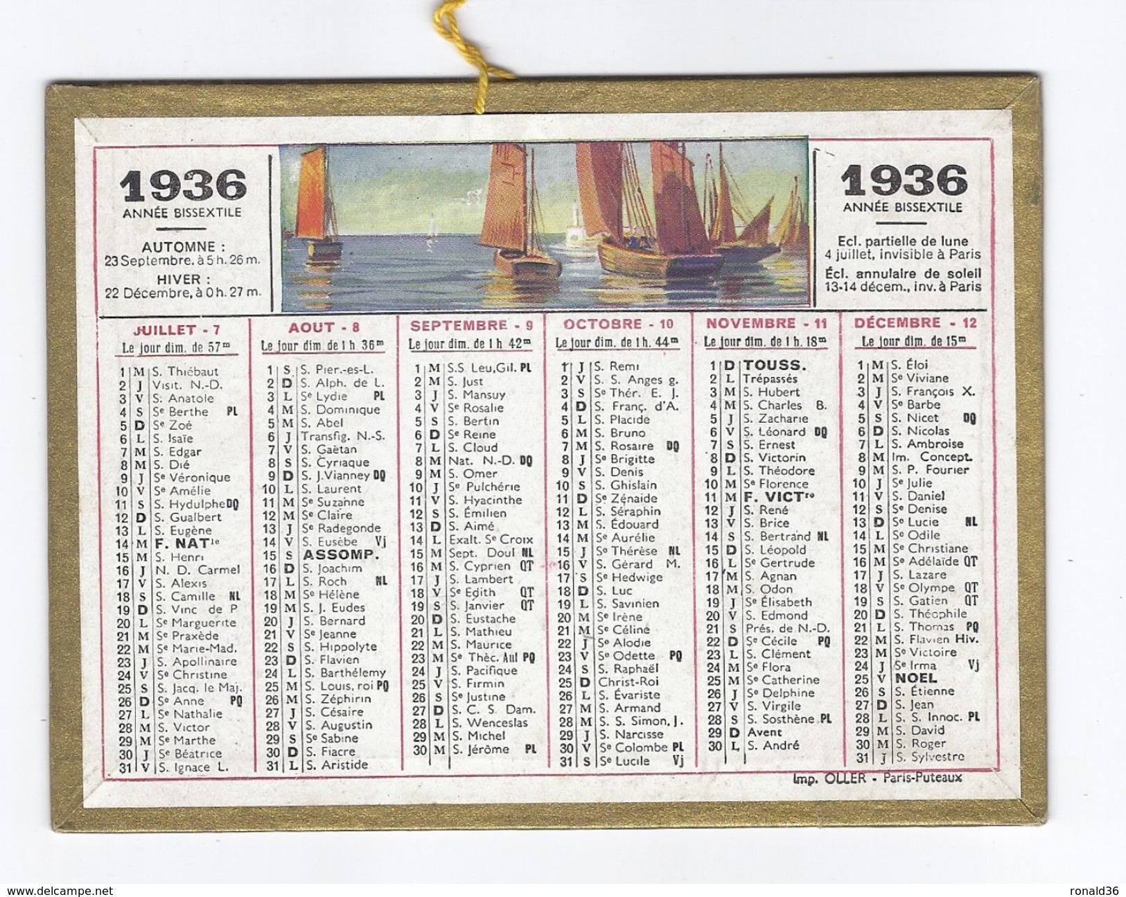 Petit CALENDRIER PTT ALMANACH 1936 / Illustration BEUZON Chateau Port Bateaux - Petit Format : 1921-40