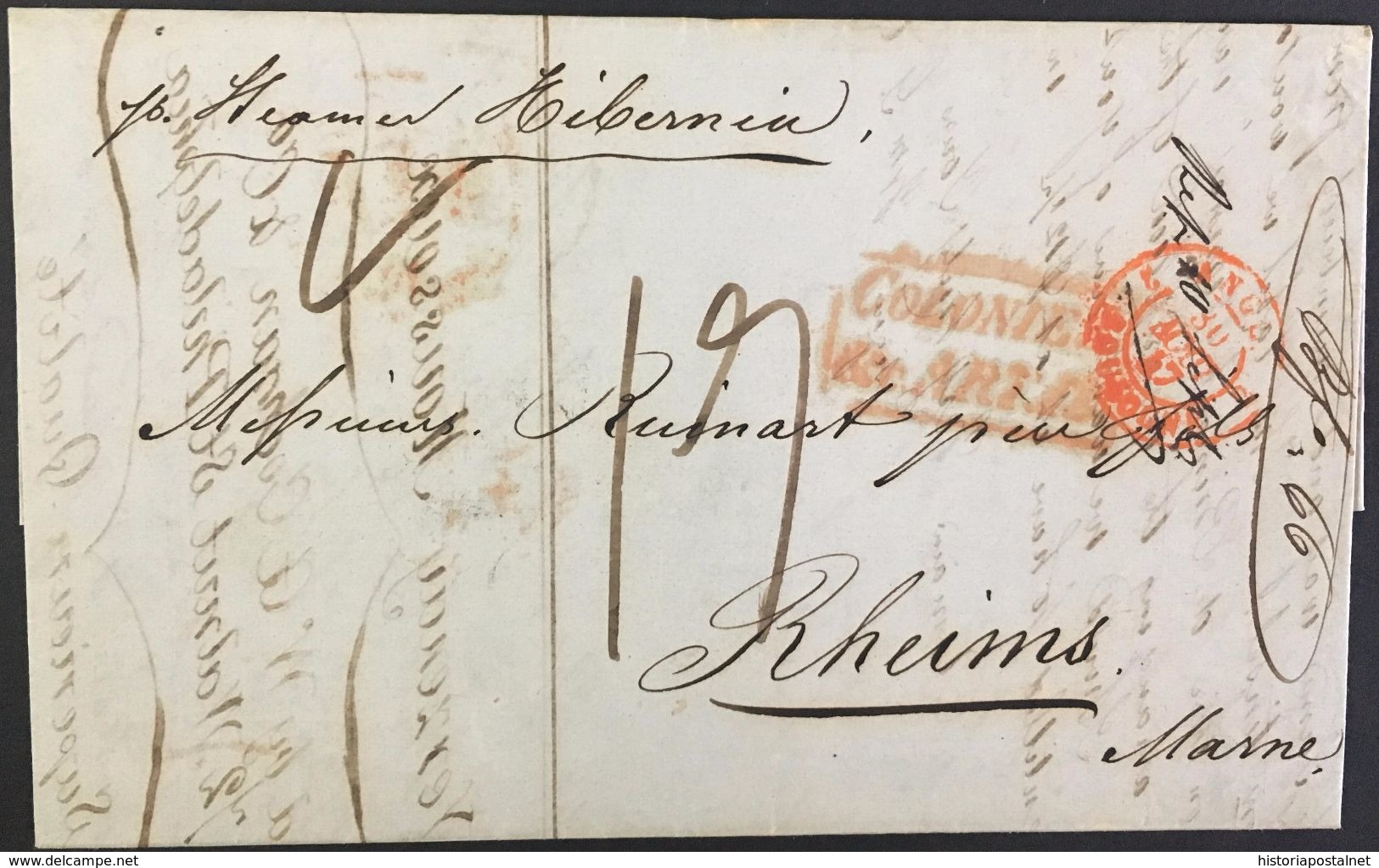 1847. NEW YORK TO RHEIMS. ENTRY "COLONIES/ART.14" BOXED IN RED. RATED "17" DÉCIMES. SHIP "STEAMER HIBERNIA". VERY FINE. - Cartas & Documentos