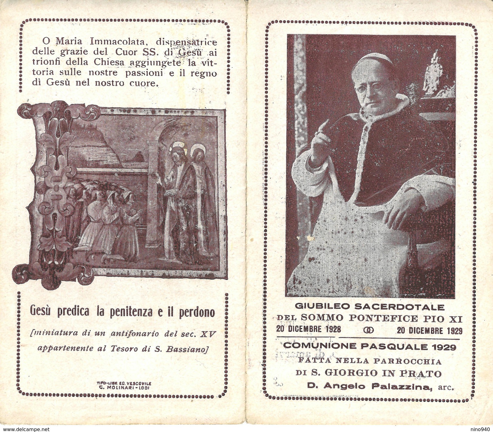 1929: COMUNIONE PASQUALE - S. GIORGIO IN PRATO - PARROCCHIALE  - A  - Mm. 72 X 125 - GIUBILEO DI PAPA  PIO XI - Religione & Esoterismo