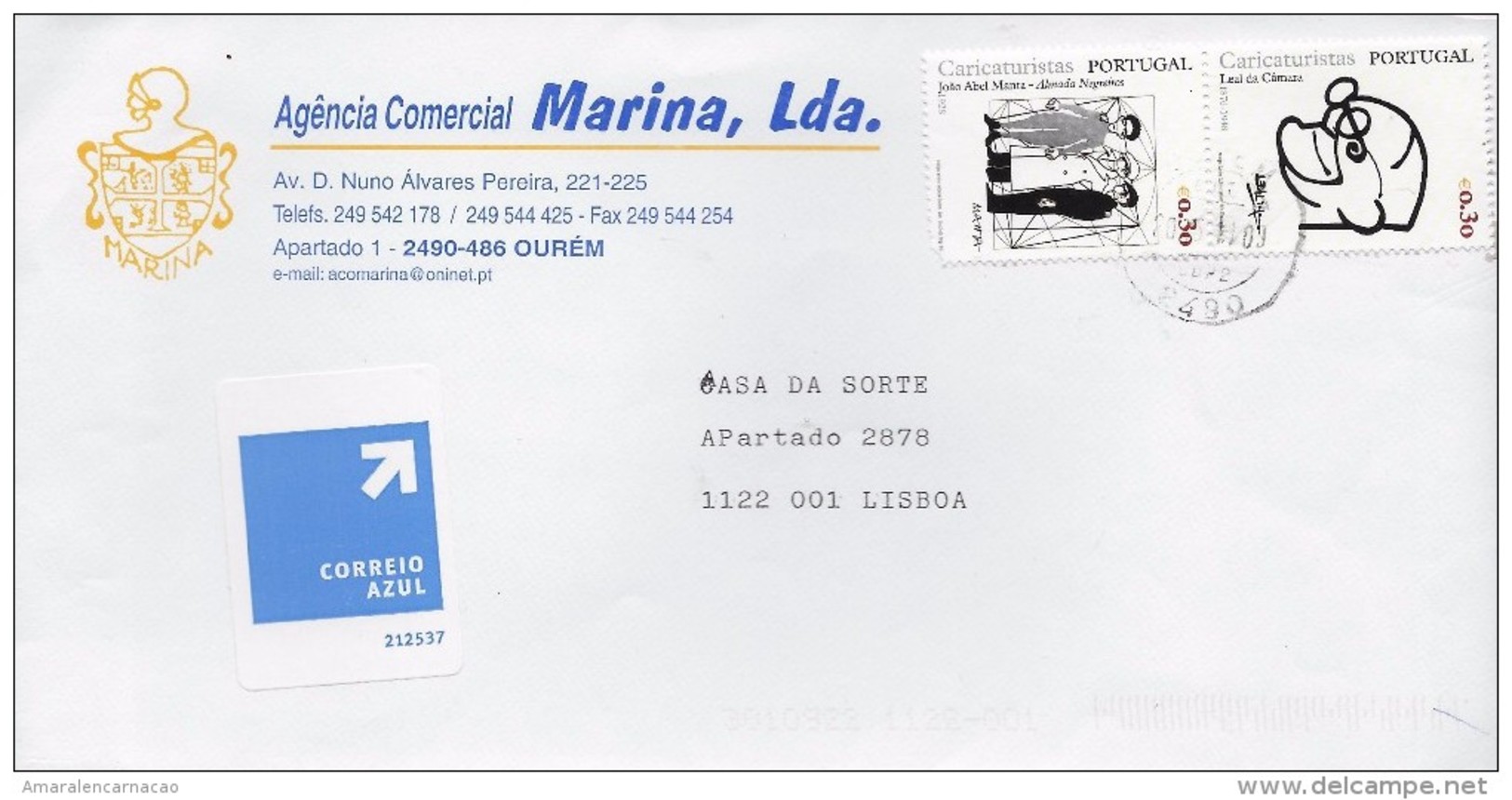 TIMBRES - STAMPS - LETTRE POST BLEU - PORTUGAL - 2005 - CARICATURISTES PORTUGAISES - JOÃO ABEL MANTA - ALMADA NEGREIROS - Lettres & Documents