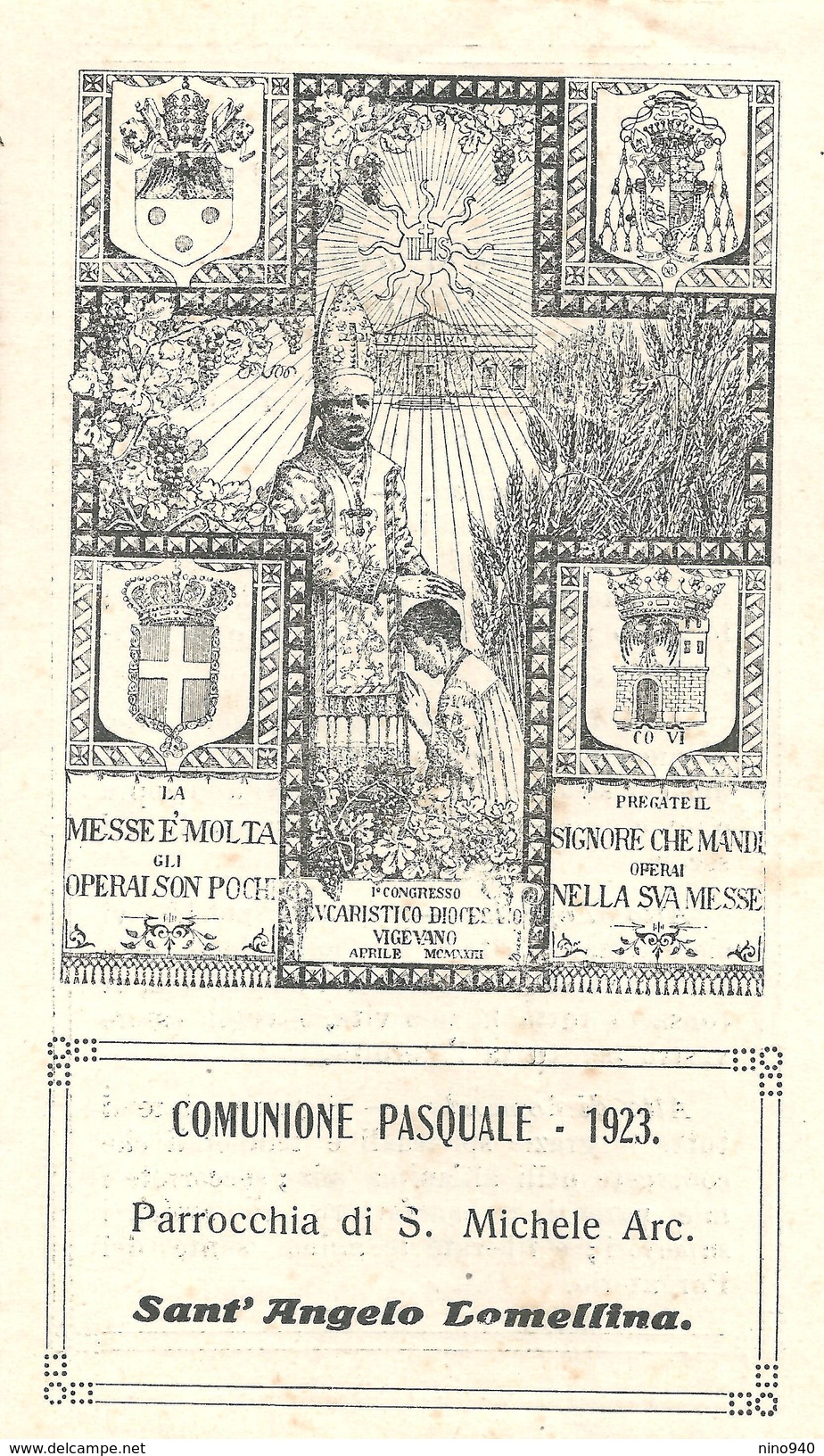 1923: COMUNIONE PASQUALE - SANT'ANGELO LOMELLINA - PARR.: S. MICHELE ARCANGELO - A - Mm. 75 X 125 - Religione & Esoterismo