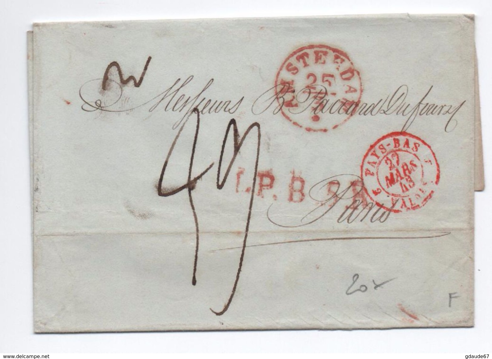 1843 - LETTRE D'AMSTERDAM (PAYS BAS) Pour PARIS Avec CACHET D'ENTREE ROUGE - ...-1852 Prephilately