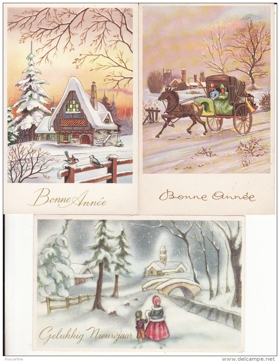 Bonne Année,  3 Cartes, Neige, Calèche, Dos Scannés - Nouvel An