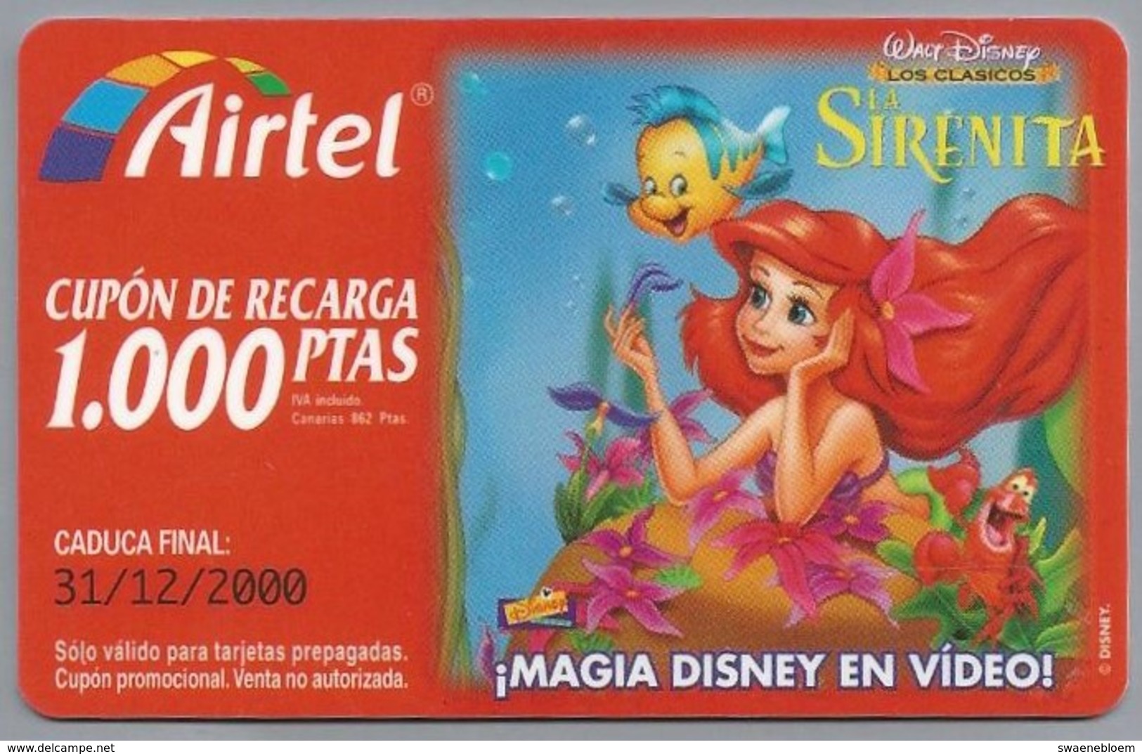 ES.- AIRTEL. CUPON DE RECARGA 1.000 PTAS. - MAGIA DISNEY EN VIDEO !. Walt Disney. SIRENITA. 2 Scans - Airtel