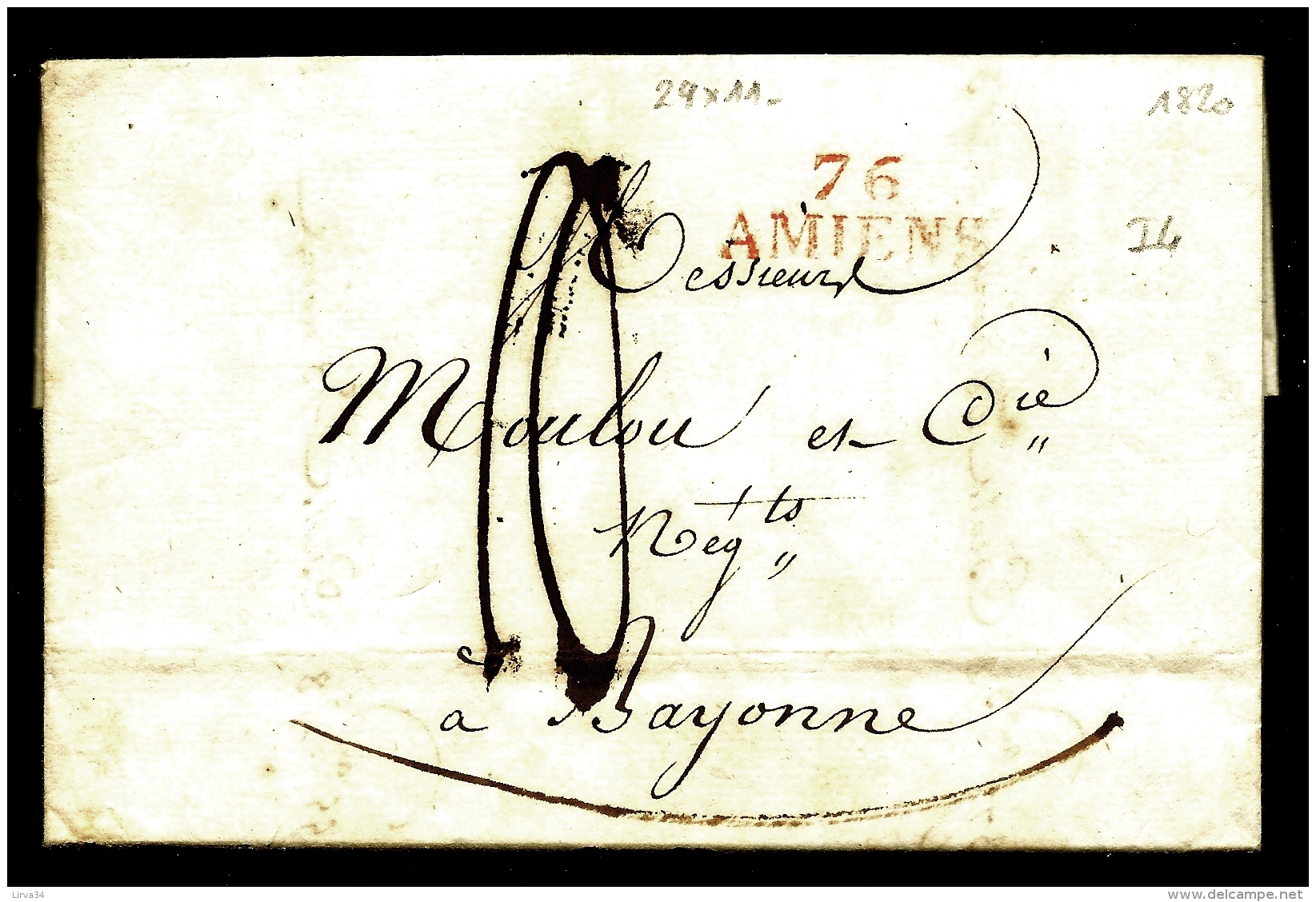 LETTRE-FACTURE  PRECURSEUR FRANCE- MARQUE POSTALE ROUGE : 76- AMIENS  -  DE 1820 -  TAXE 10  DECIMES- - 1801-1848: Precursors XIX