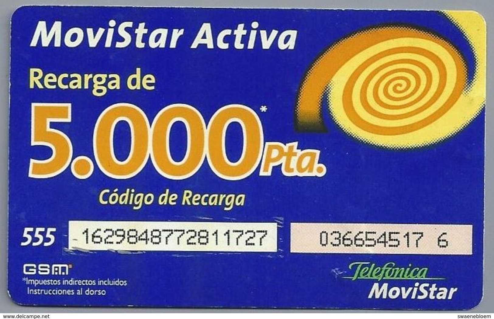 ES.- Telefonica De Espana. MOVISTAR ACTIVA RECARGA DE 5.000Pta. Codigo De Recarga. 2 Scans - Telefonica