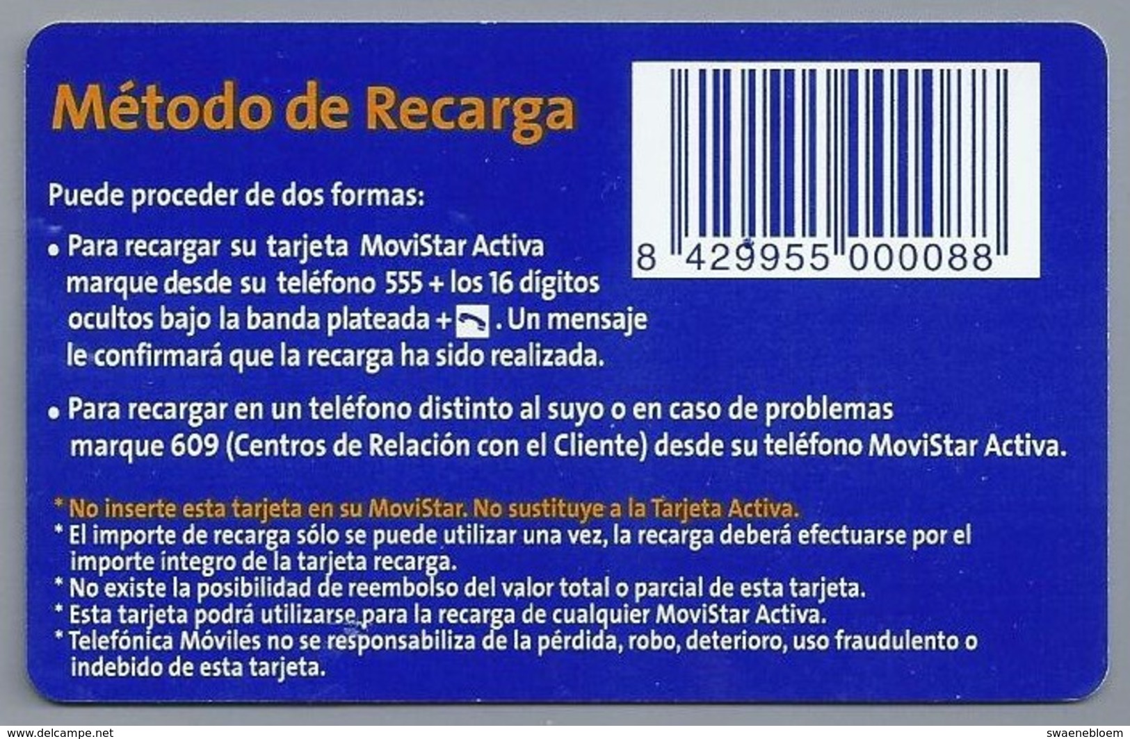 ES.- Telefonica De Espana. MOVISTAR ACTIVA RECARGA DE 5.000Pta. Codigo De Recarga. 2 Scans - Telefonica