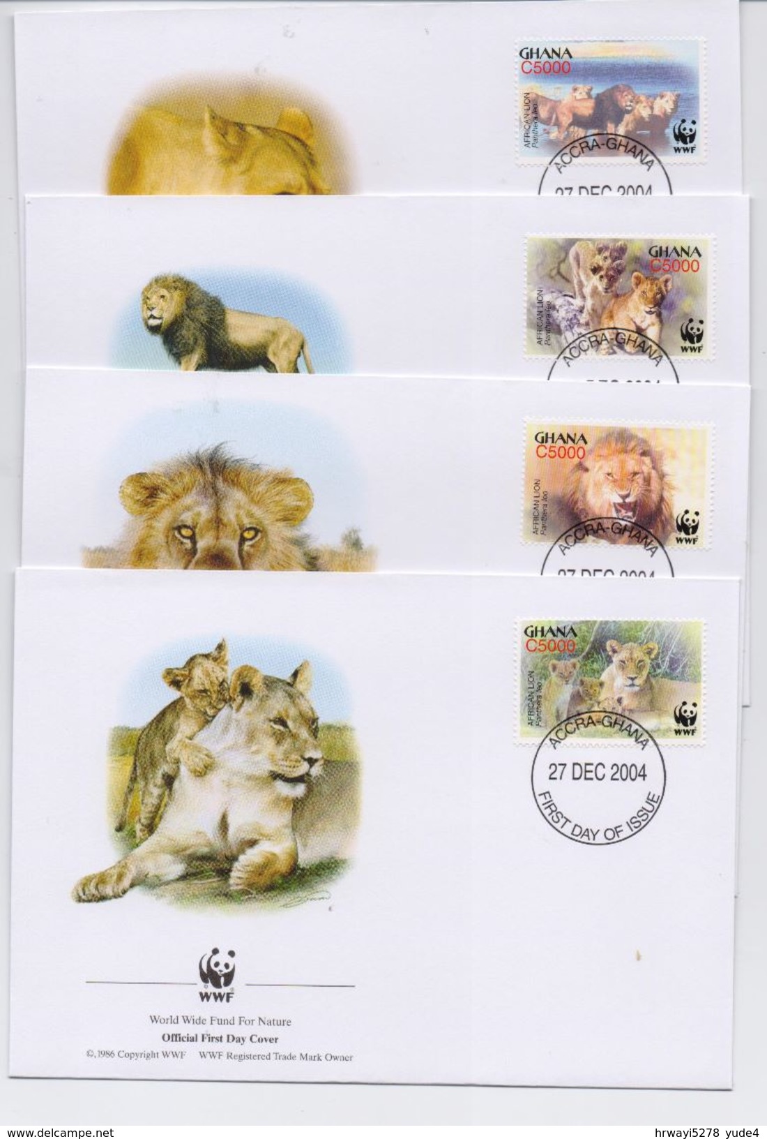 Ghana 2004, WWF FDC, Lions, On 4 Covers - Ghana (1957-...)