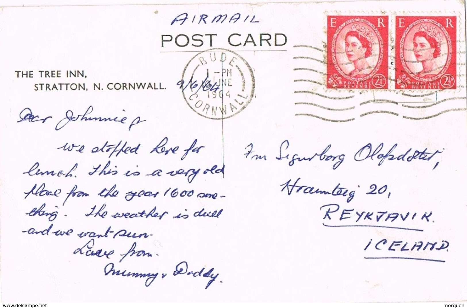 26645. Postal Privada Aerea BUDE (Cornwall) England 1964 To Iceland - Cartas & Documentos