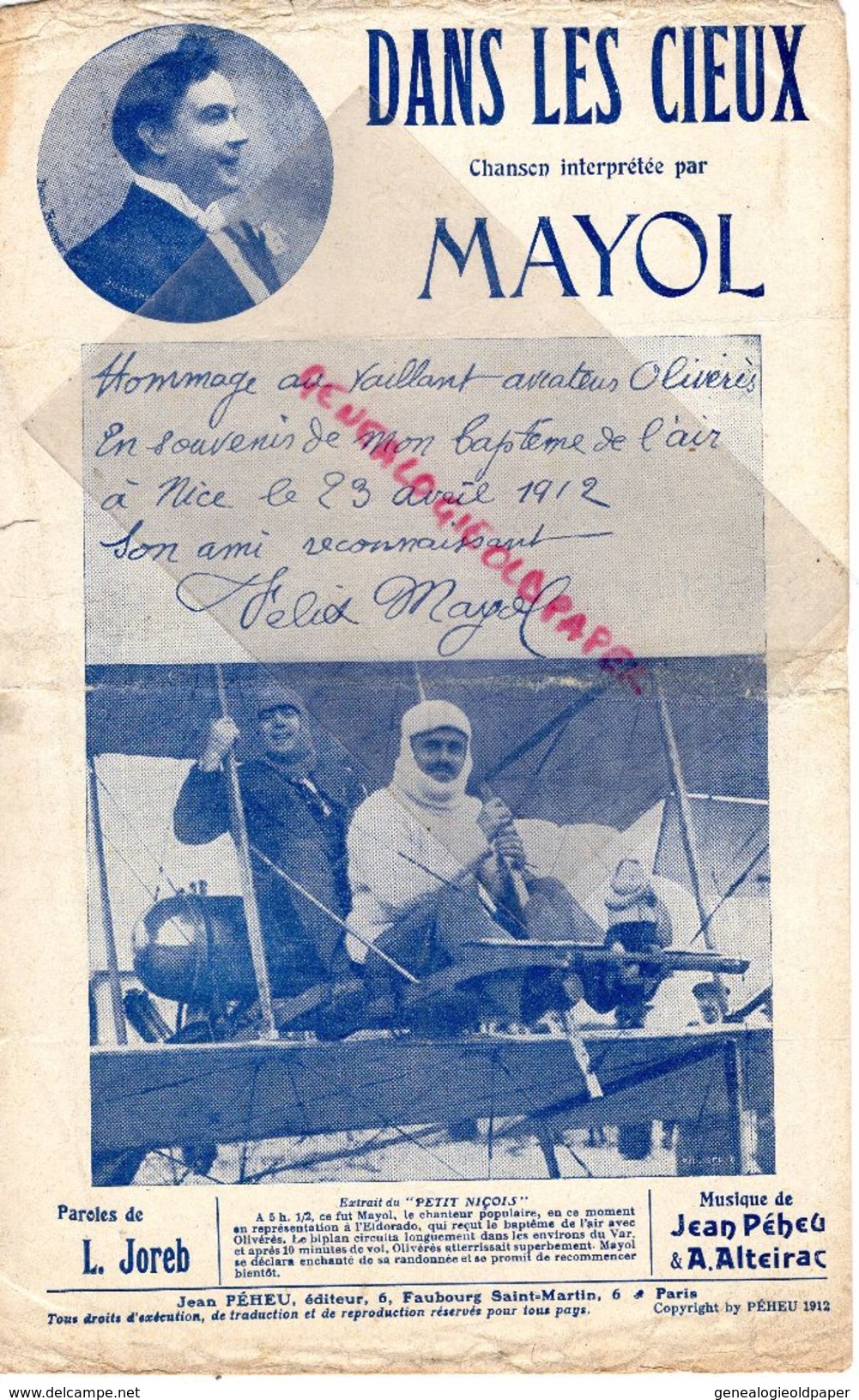 AVIATION- PARTITION DANS LES CIEUX - FELIX MAYOL- AVIATEUR OLIVERES BAPTEME A NICE LE 23 AVRIL 1912- JEAN PEHEU - Partitions Musicales Anciennes