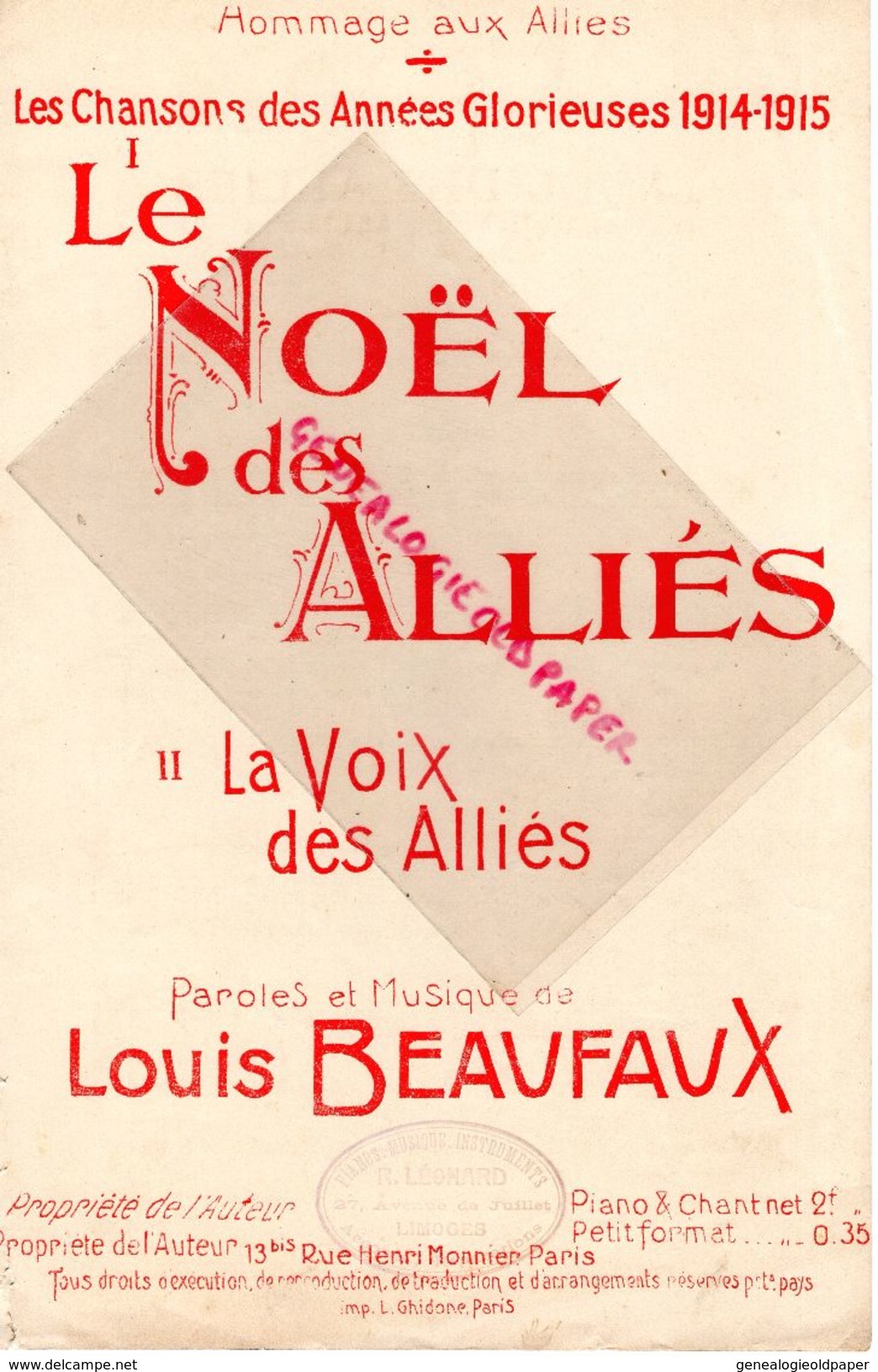 GUERRE 1914-1918-PARTITION LE NOEL DES ALLIES- LOUIS BEAUFAUX-CACHET PIANOS MUSIQUE R. LEONARD LIMOGES -27 AV. JUILLET- - Partituren