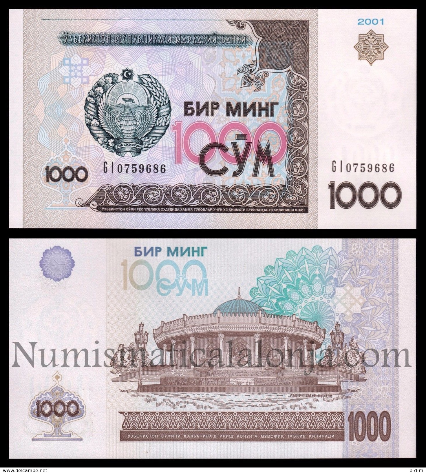 Uzbekistan 1000 Sum 2001 Pick 82 SC UNC - Uzbekistán